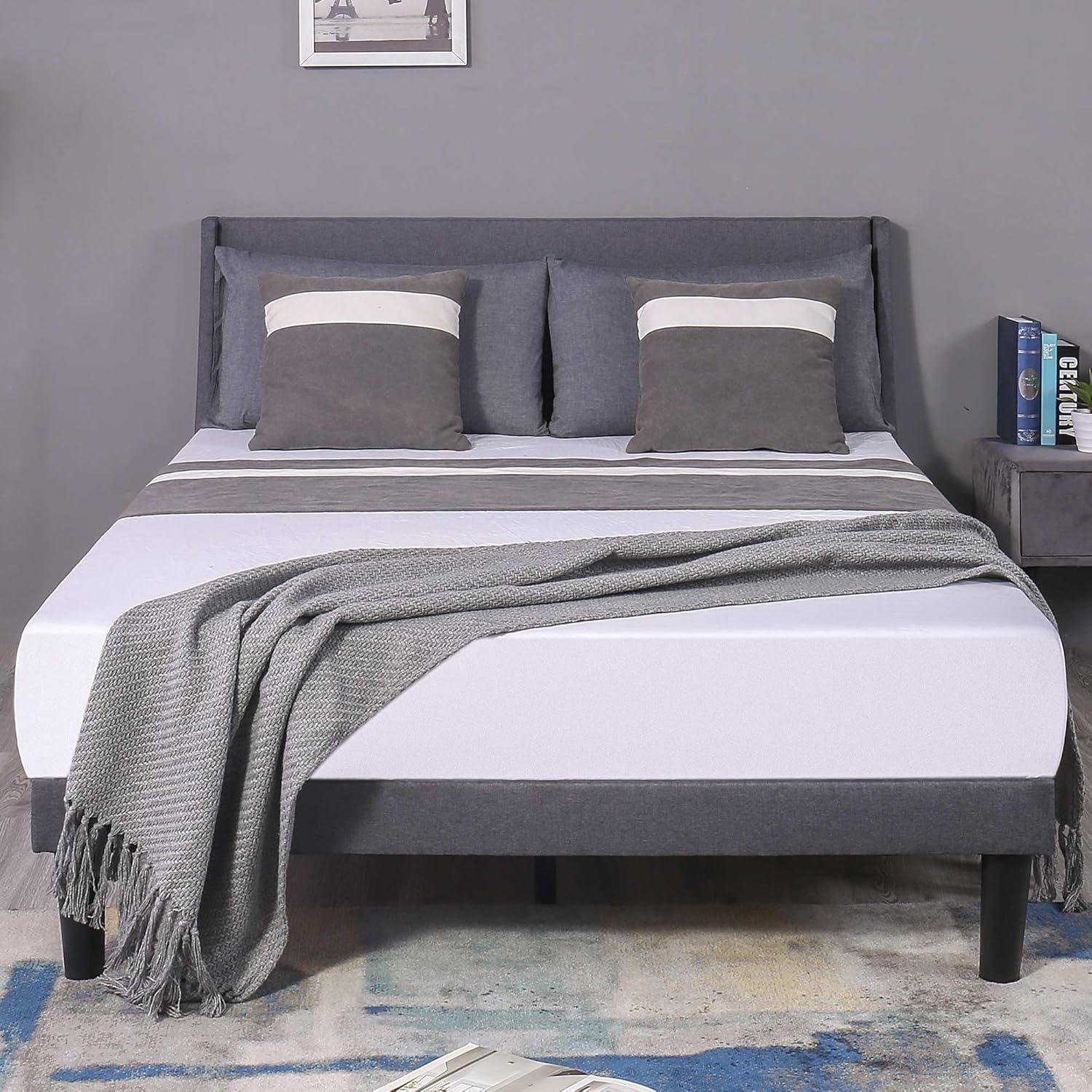 Double Bed Frame, Soft Linen Gray 4FT6 Upholstered Bed with Winged Headboard, Wood Slat Support
