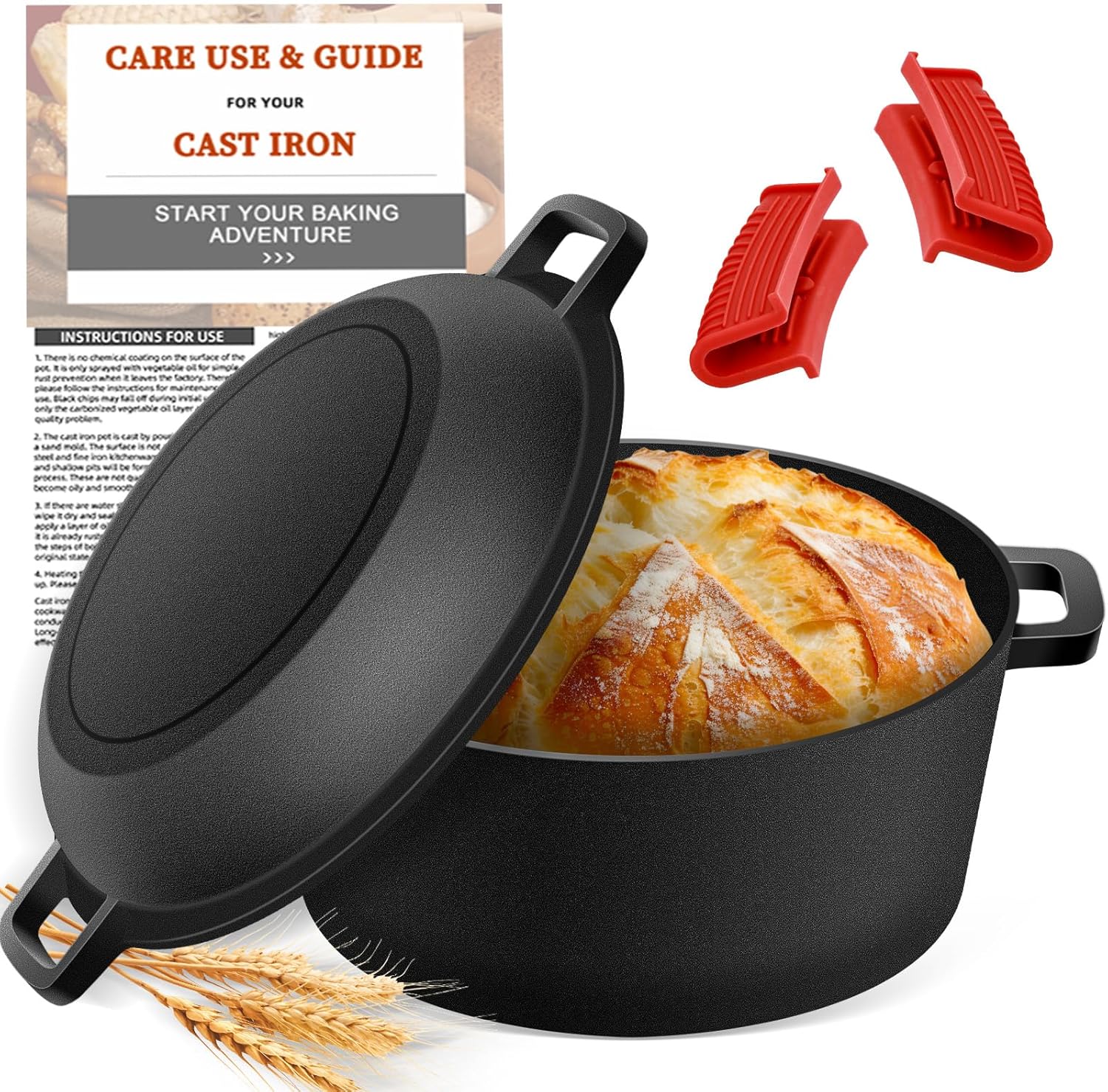 NZQXJXZ Cast Iron Pot Dutch Oven for Bread Baking, Cast Iron Casserole Dish with Lid Baking Cooking Supplies, 2-in-1 Dutch Oven Pot with Skillet, 5QT