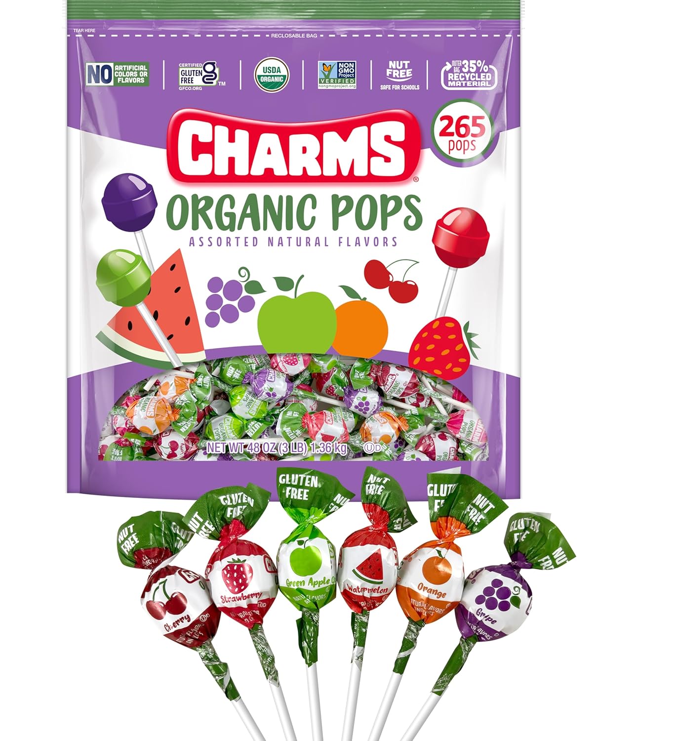 Charms Organic Pops (265 Count) – USDA Organic Fruit Candy Lollipops Made with All Natural Flavors and Ingredients – Dye-Free, Gluten- Free, Non-GMO, 3 lb Resealable Bag