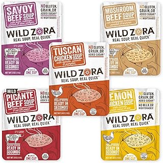 Wild Zora Instant Keto-Friendly Soups 5-Pack Variety, Broth Made with Grass-Fed Beef, Free-Range Chicken, and Vegetables, Gluten-Free, Low Carb, No Added Sugar, Flavorful Pantry Staples - 0.5oz/13g