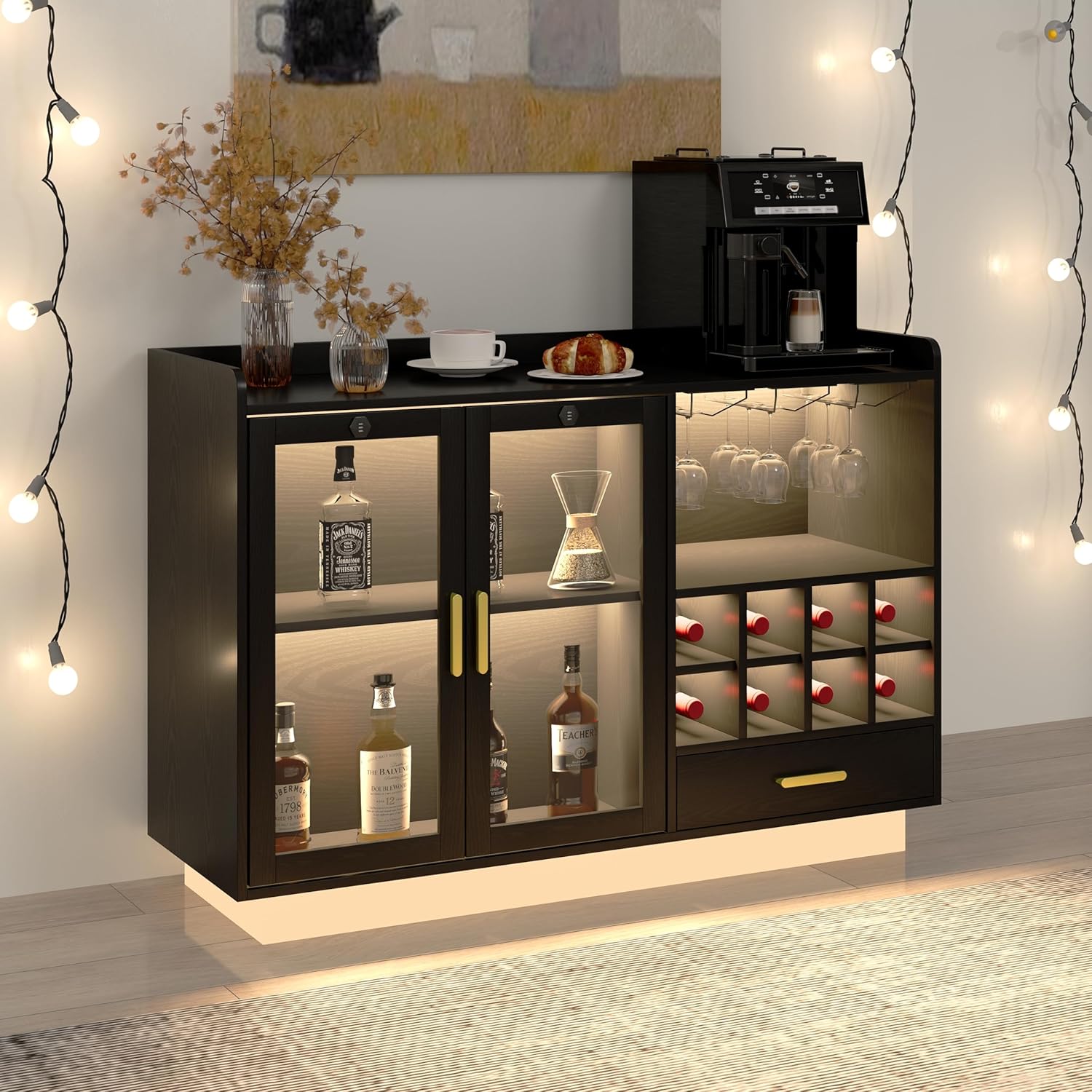 COCO DESIGN Modern Wine Bar Cabinet with LED Light & Locked Glass Door, Floating Coffee Bar with Power Outlets & Glass Rack, Black Buffet Sideboard with Removable Wine Rack and Drawer for Living Room