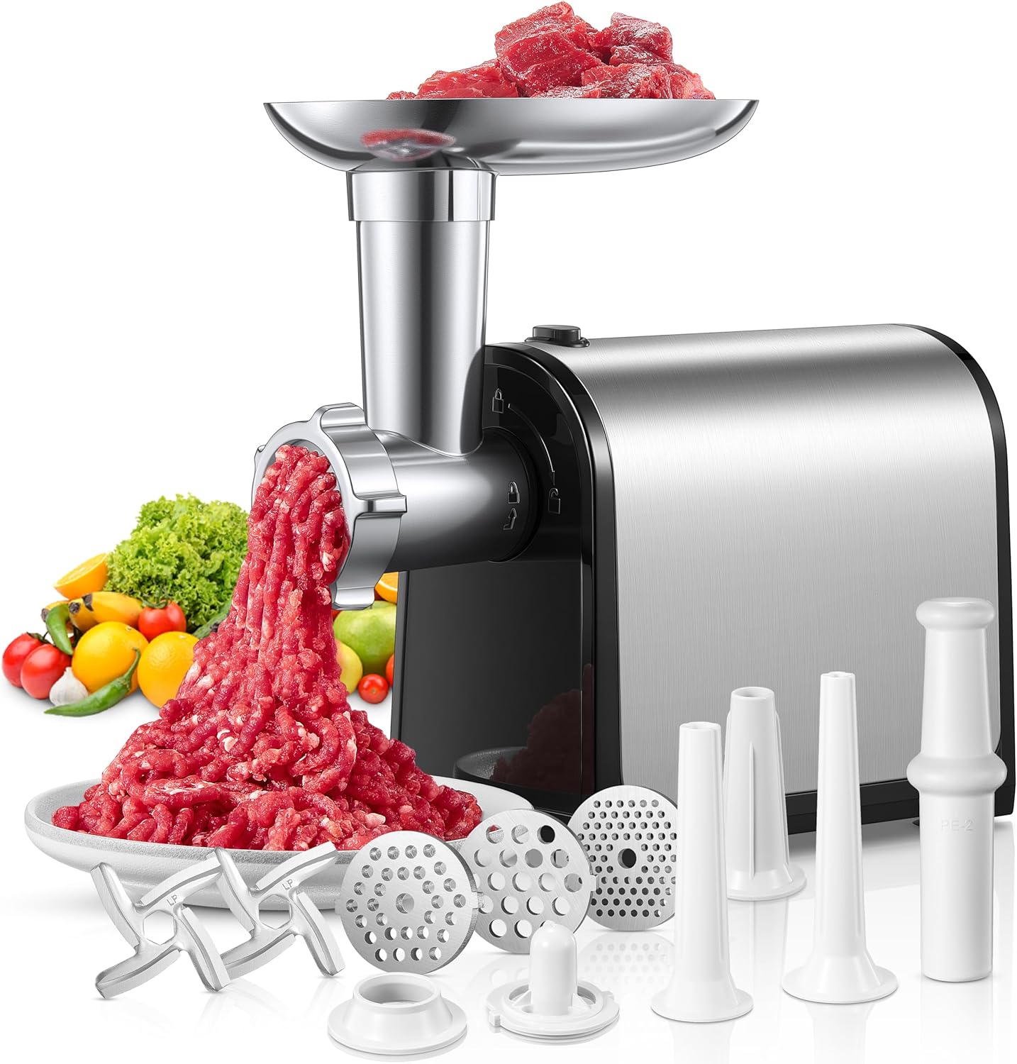 FOHERE Electric Meat Grinder, 3-in-1 Meat Mincer Machine & Sausage Stuffer, Stainless Steel Meat Mincers for Home use with 3 Grinding Plates, Kubbe Kit & 3 Sausage Stuffer Tubes, 3000W Max