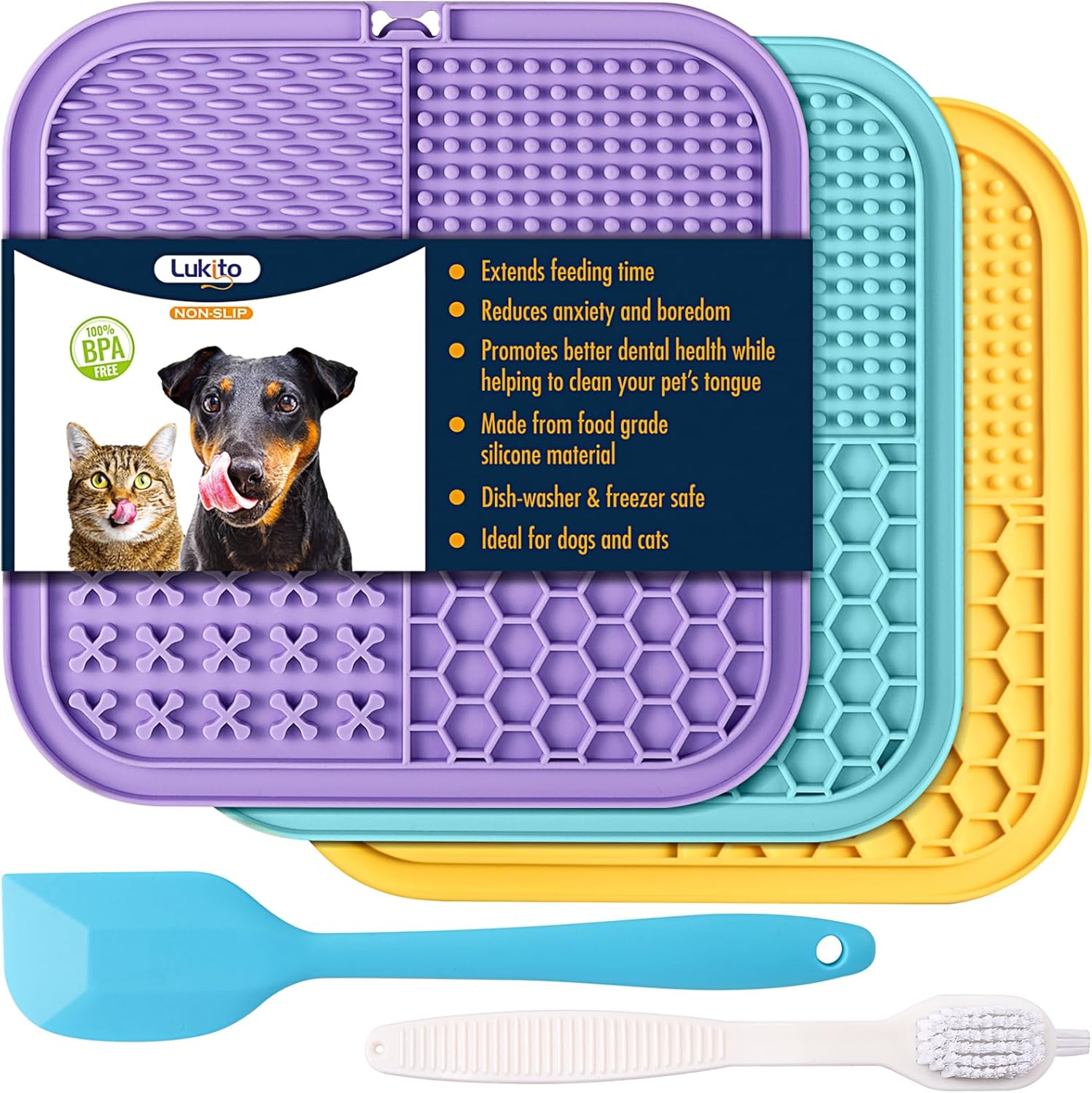 Lick Mat for Dogs and Cats, Licking Mat with Suction Cups for Dog Anxiety Relief, Cat Peanut Butter Lick Pad for Boredom Reducer, Enrichment Toy, Treat Mat for Bathing Grooming (Large-3 Pack)