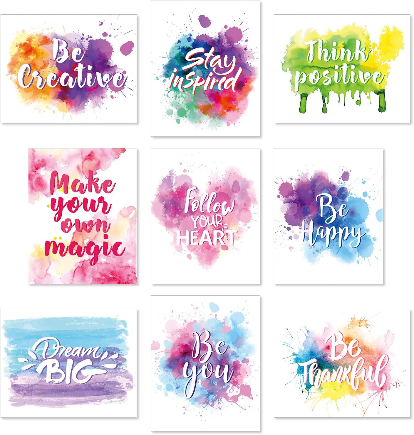 Set of 9 Watercolor Inspirational Wall Art Prints Abstract Paint Motivational Quote Phrases Posters for Living Room Office Classroom Kids Room Decoration 8x10inch Unframed
