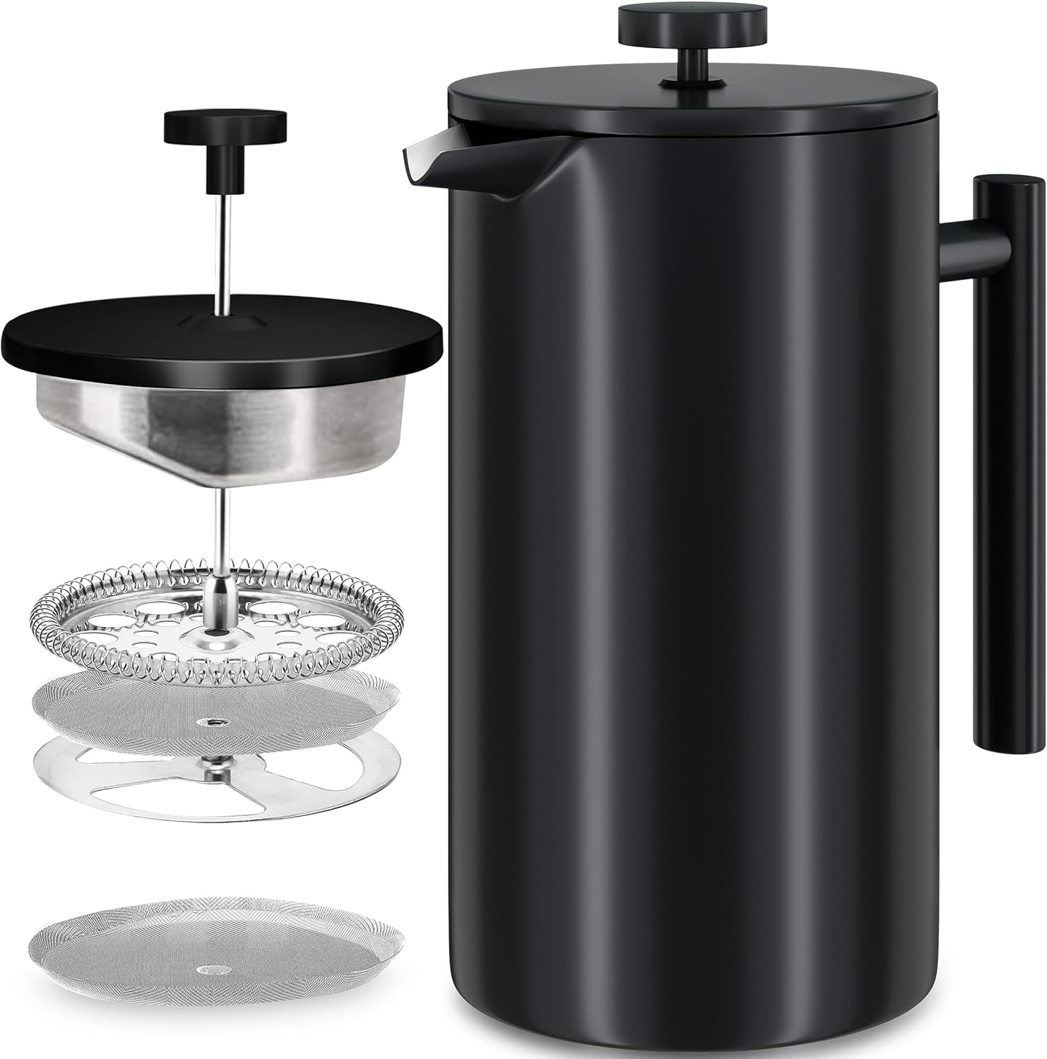 KICHLY Stainless Steel French Press - Double Wall Coffee Press - Stainless Steel Plunger Coffee & Tea Maker Silver, 1.0 Litre (1 Piece)