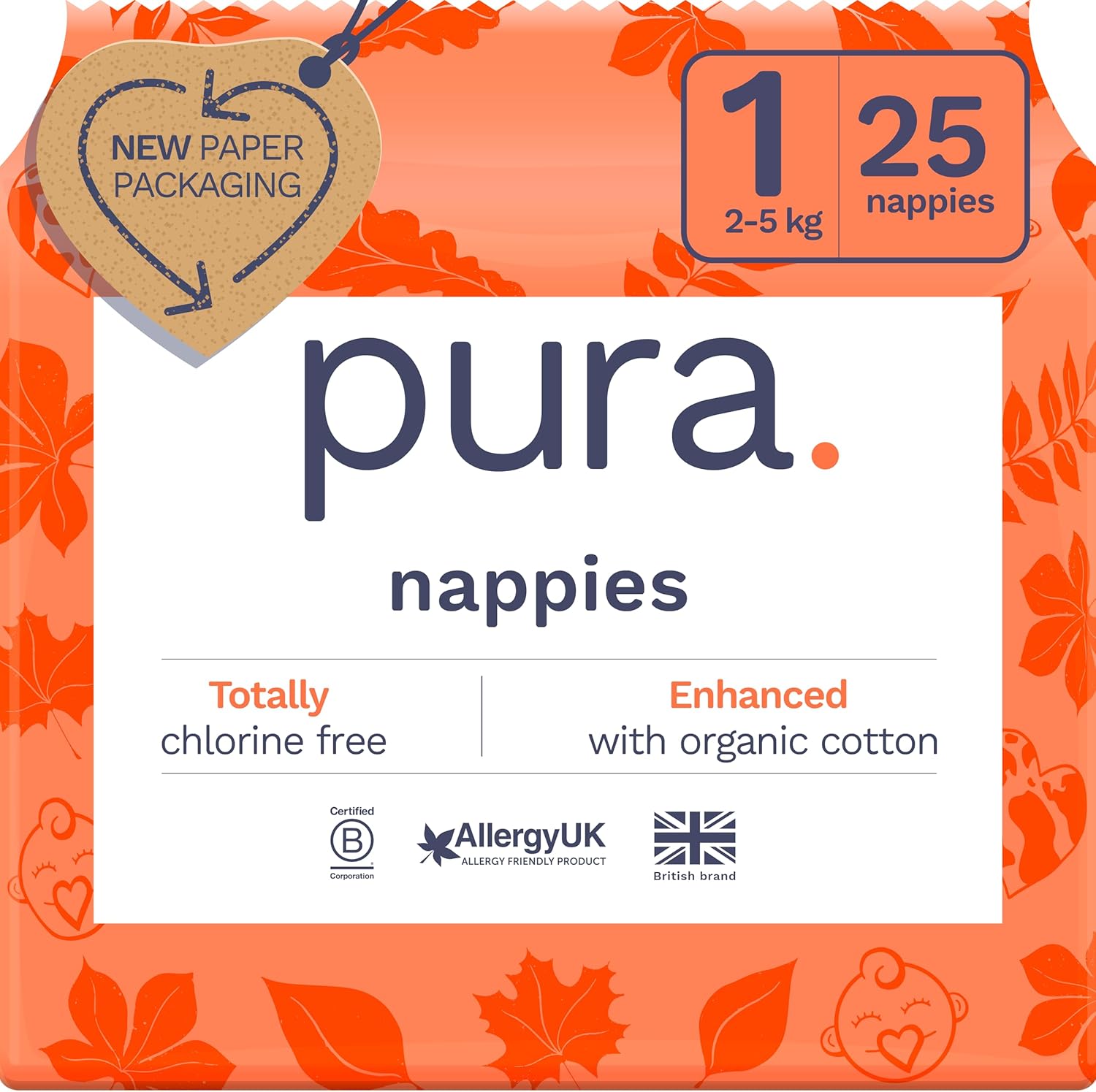 Pura Newborn Baby Nappies - Size 1 (2-5kg / 4-11lbs), 1 Pack (25 Nappies), Perfect for Sensitive Skin, Organic Cotton, Wetness Indicator, Umbilical Cord Cutout, New Size Guide