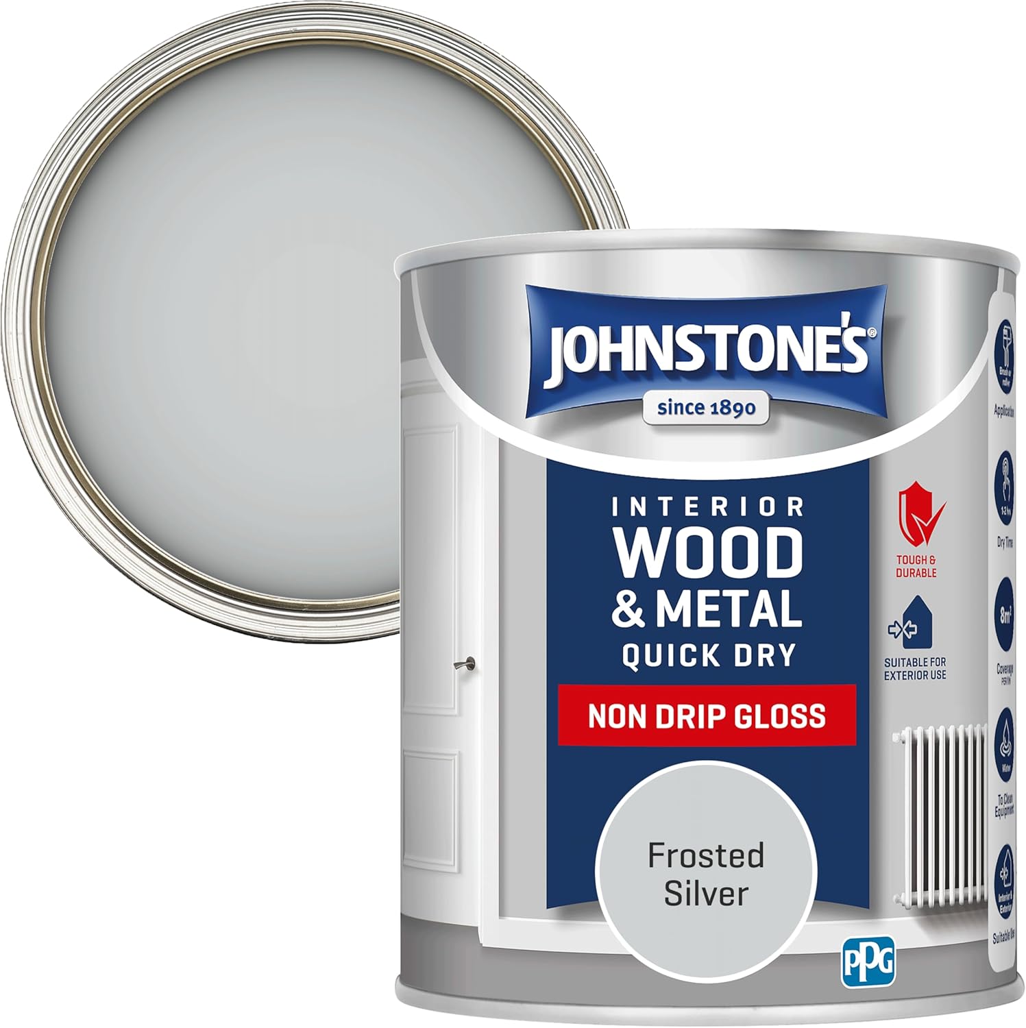 Johnstone's - Wood & Metal Paint - Gloss Finish - Frosted Silver - 750ml - Water Based - Non Drip & Quick Drying - Radiator Paint - Low Odour - Dry in 1-2 Hours - 8m2 Coverage per Litre