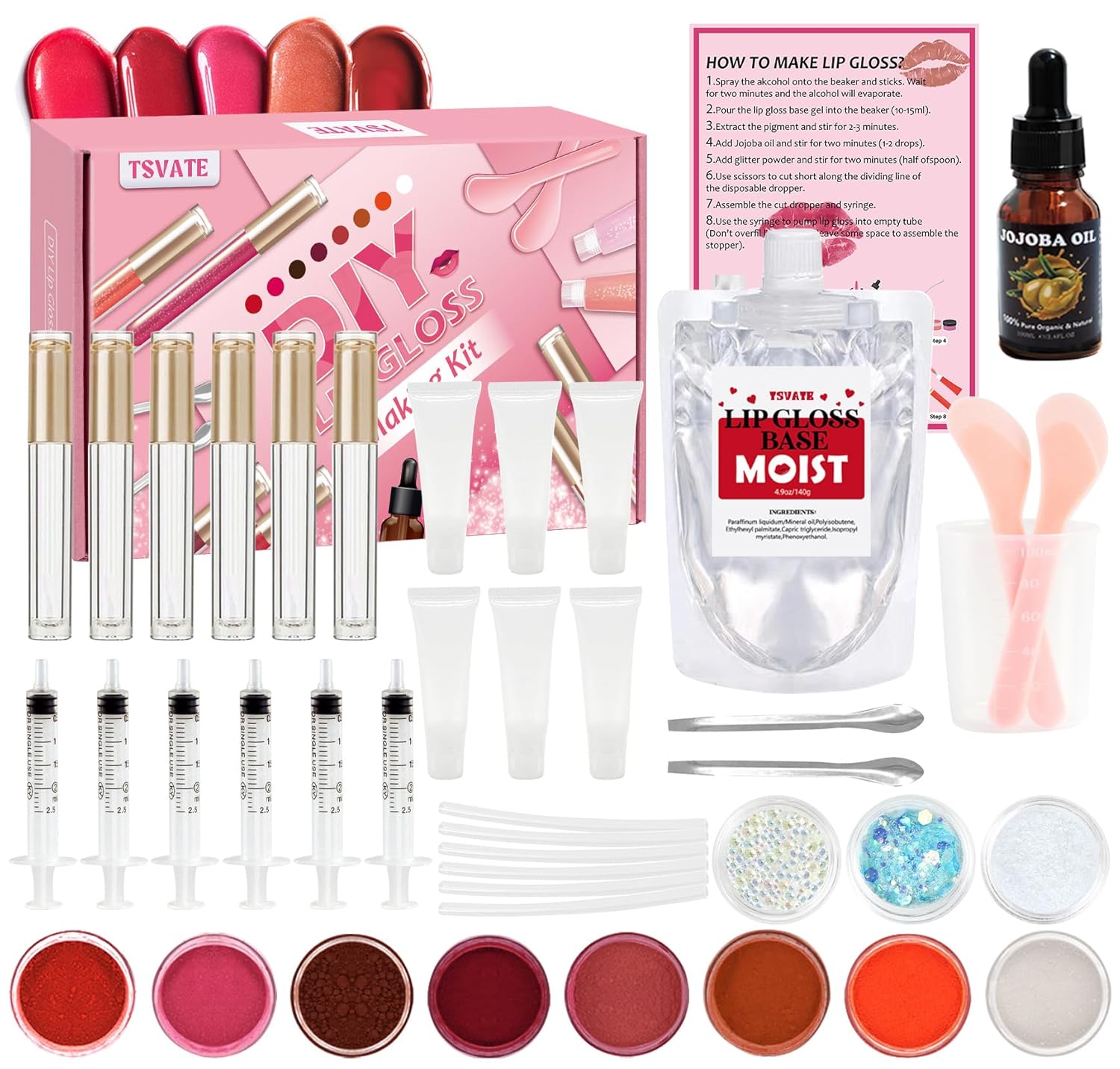 Lip Gloss Making Kit, TSVATE Lip Gloss Kit, Diy Lip Gloss Making Kit, Fun Make Your Own Lipgloss Kids Lip Gloss for Girls, Women, Moisturizing Lip Gloss Base, Jojoba Oil, Lip Gloss Tubes, Gift for Her