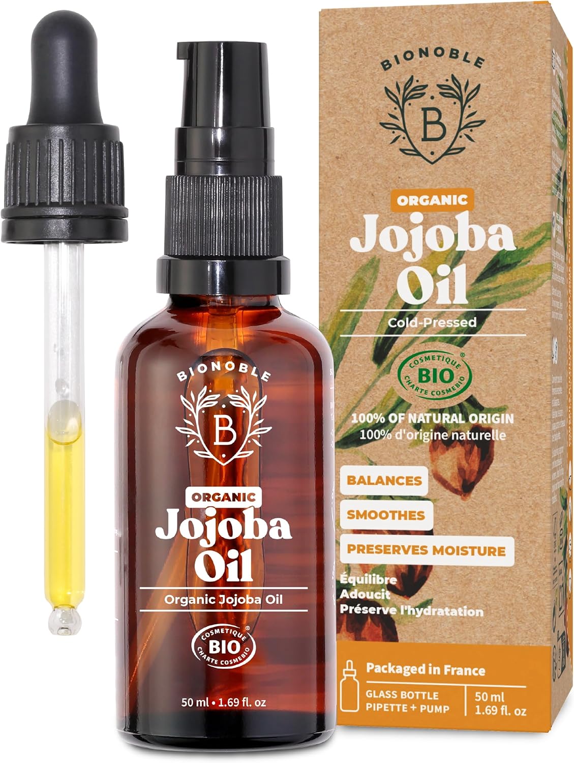 Bionoble Organic Jojoba Oil 50ml - 100% Pure, Natural and Cold Pressed - Face, Body, Hair, Beard, Nails - Vegan and Cruelty Free - Glass Bottle + Pipette + Pump