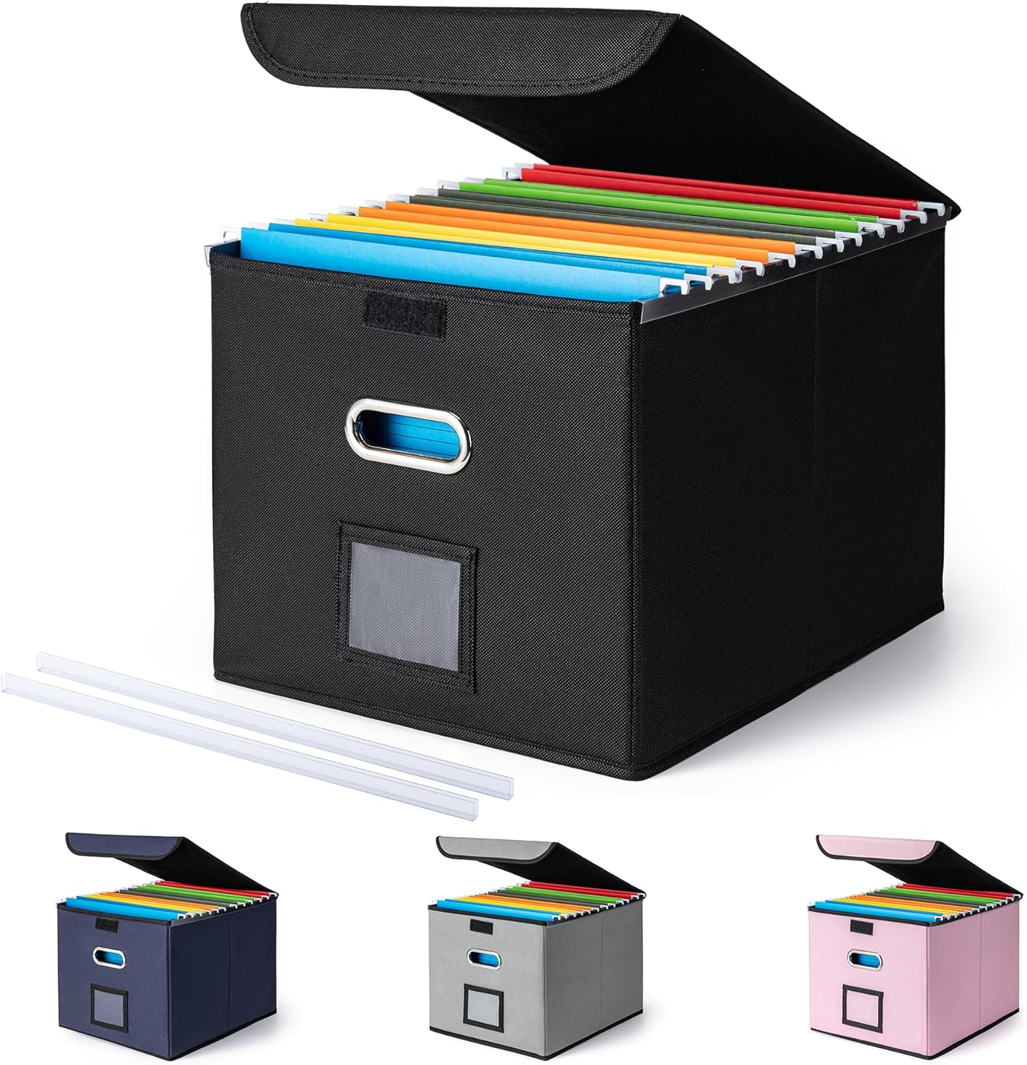 CADONO File Organizer Box with Lid, Large Hanging File Folder Organizer with Plastic Slide, Collapsible Portable Filing Storage Boxes for Office/Decor/Home (Black, 14.9 x 12.59 x 10.8 inch)