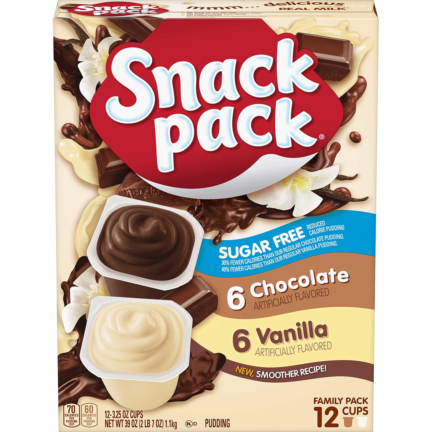 Snack Pack Sugar Free Chocolate and Vanilla Flavored Pudding Family Pack, Lunchbox Snack, 12 Count Pudding Cups