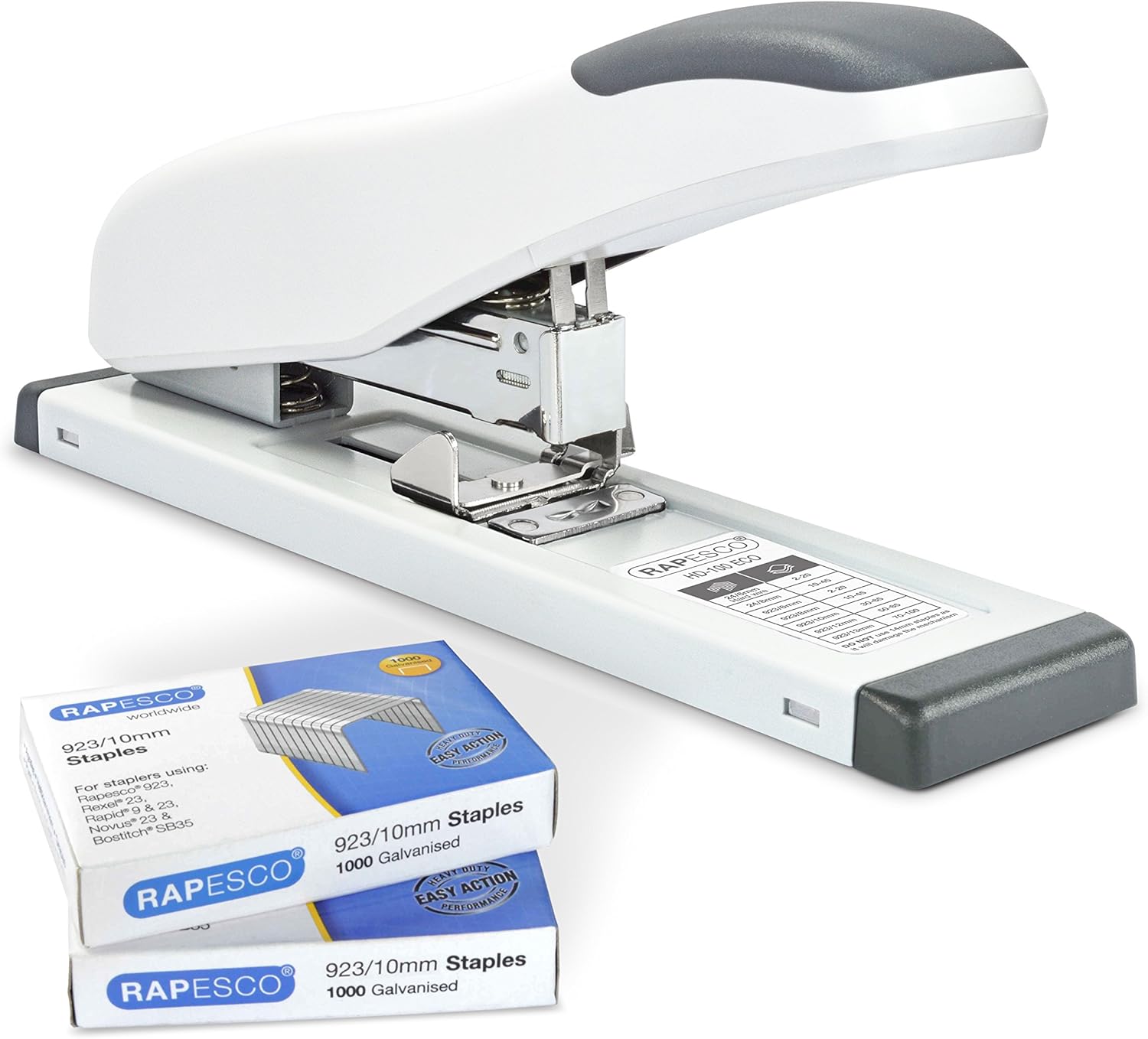 Rapesco 1391 ECO HD-100 Heavy-Duty Stapler with 2000 Type 923/10mm Staples, 100 Sheet Capacity, Soft White
