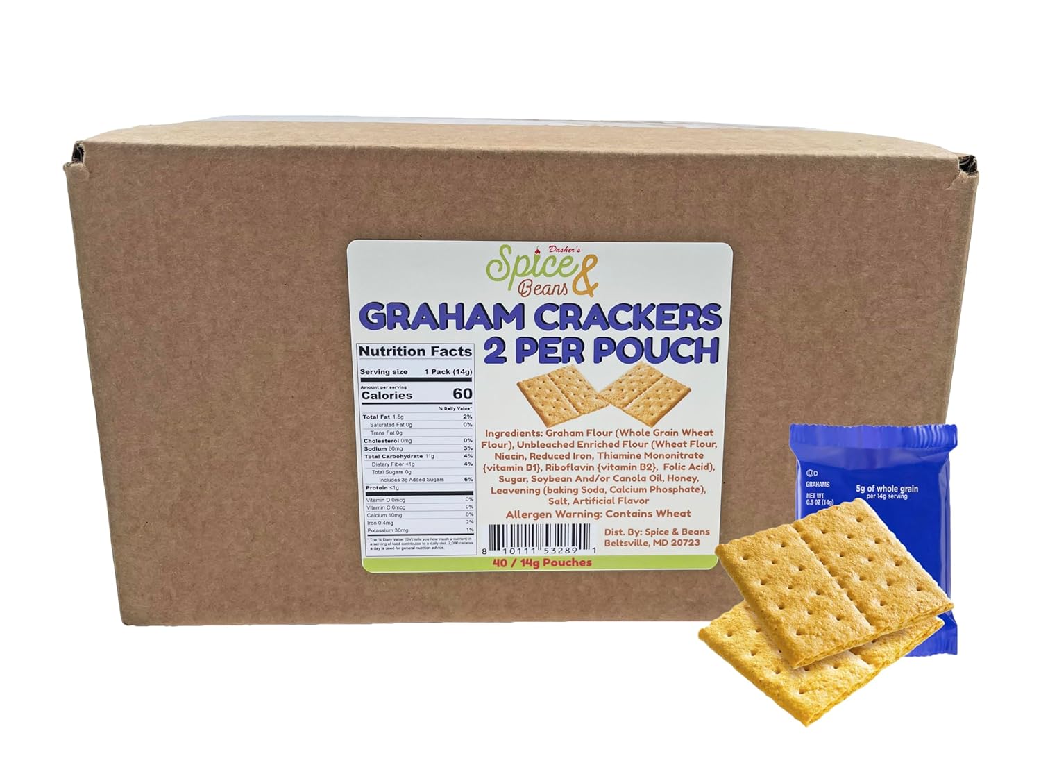 Graham Crackers, Portion Packaged in Twin Packs (40/2packs, 80 crackers total), by Dasher's Spice & Beans