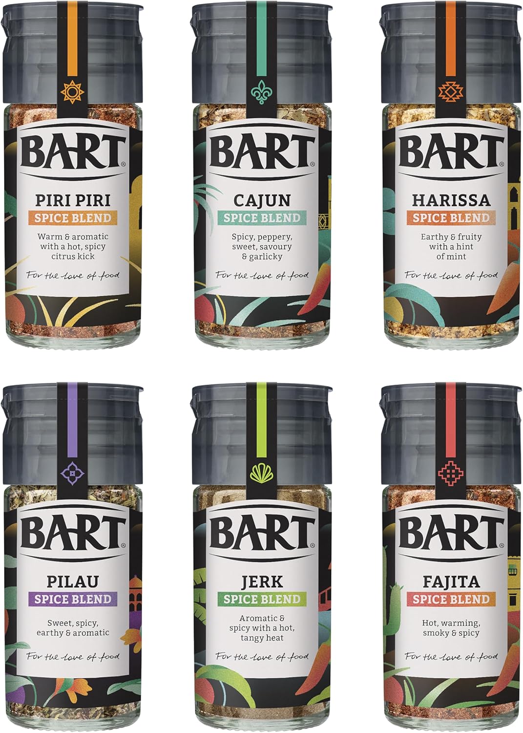 BART Spice Blend Collection - Ras el Hanout, Piri Piri, Pilau, Jerk, Harissa & Cajun Spice Blend - Ideal for World Cuisine (6 Jar Bulk Buy Set)