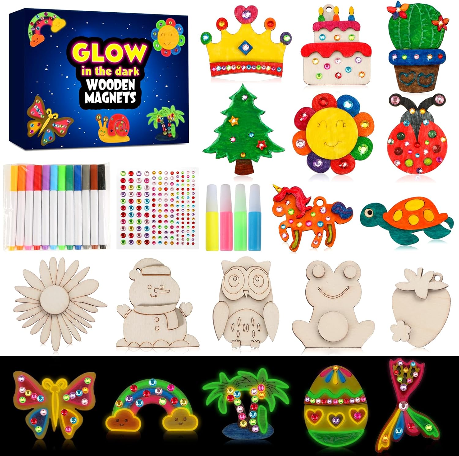 GWAHSA 30pcs DIY Wooden Magnets, Glow in The Dark Wooden Art Craft Supplies Painting Kit for Kids Activities Party Favors for Boys Girls Ages 4-8 8-12 Birthday Gifts Toys Pinata Goodie Bags Stuffers