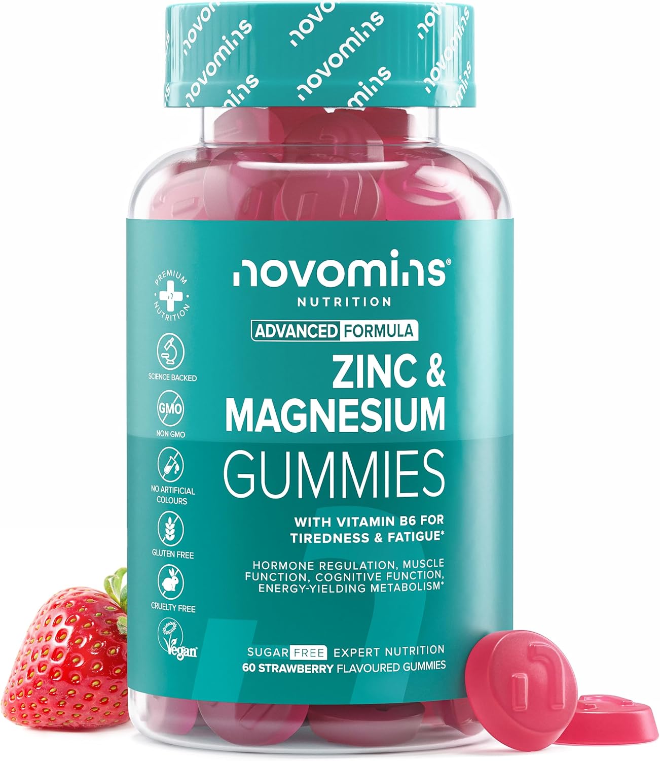 Zinc & Magnesium Gummies - Sugar Free - 60 Gummies - Supplements for Men & Women - Muscles, Bones & Energy - with Vitamin B6 - High Strength Magnesium & Zinc Supplements - Novomins