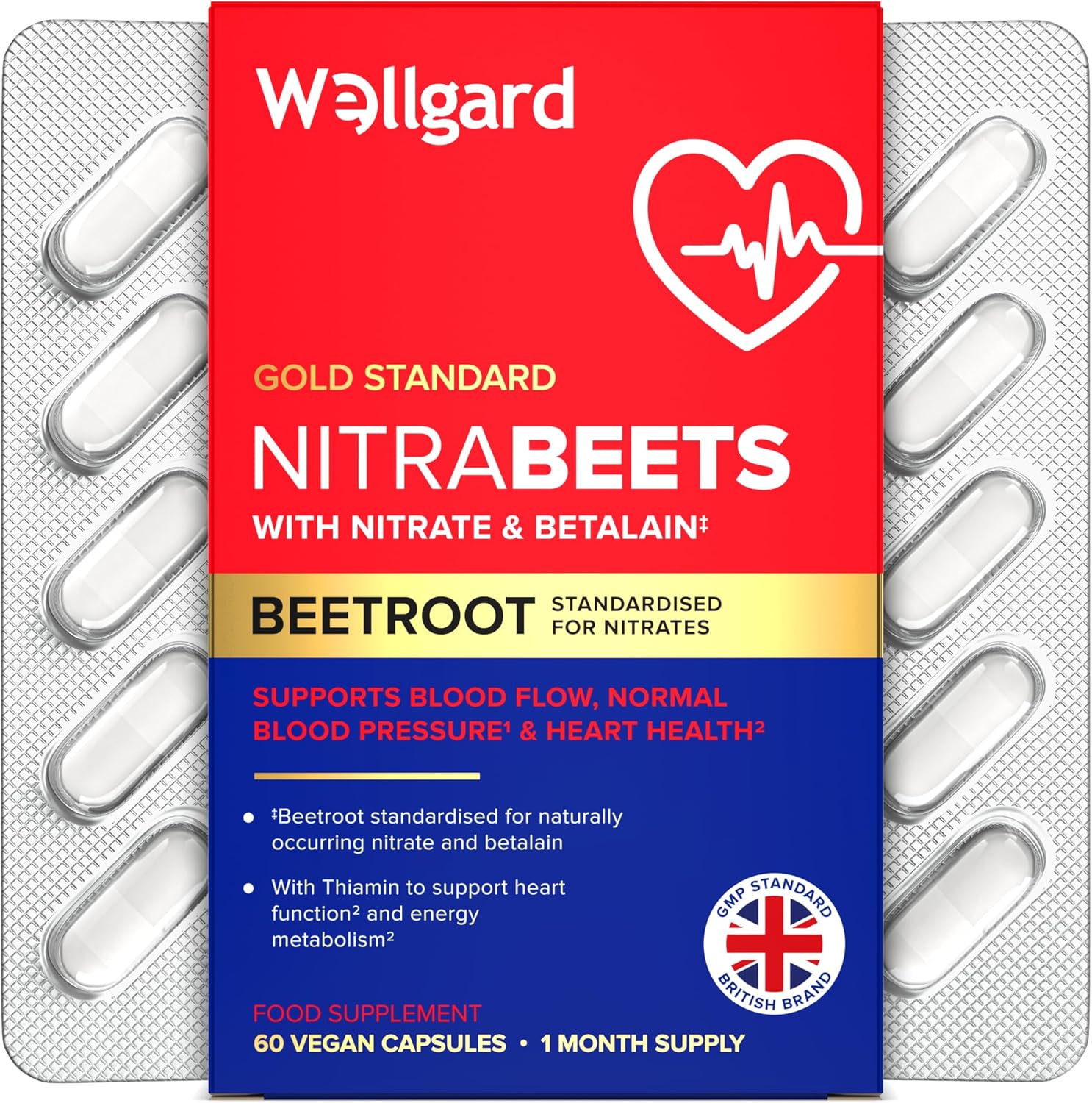 Wellgard Nitrabeets – Beetroot Supplement Supporting Normal Blood Pressure, Muscle Function & Heart Health – 60 Vegan Capsules