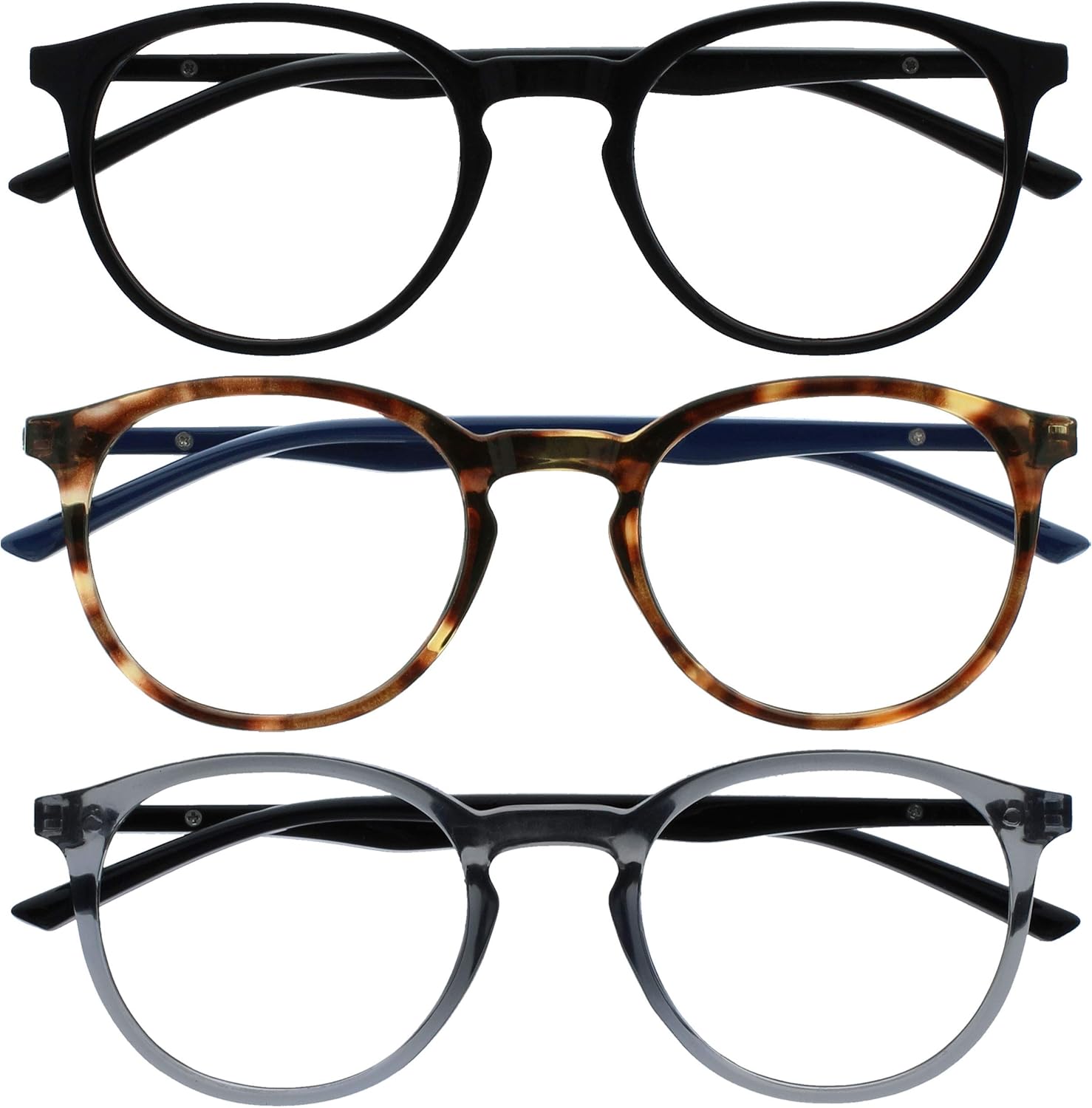 OPULIZE Met Reading Glasses 3 Pack Slim Round Frame Scratch Resistant Spring Hinges Black Brown Transparent Grey Mens Womens RRR60-127 +2.50