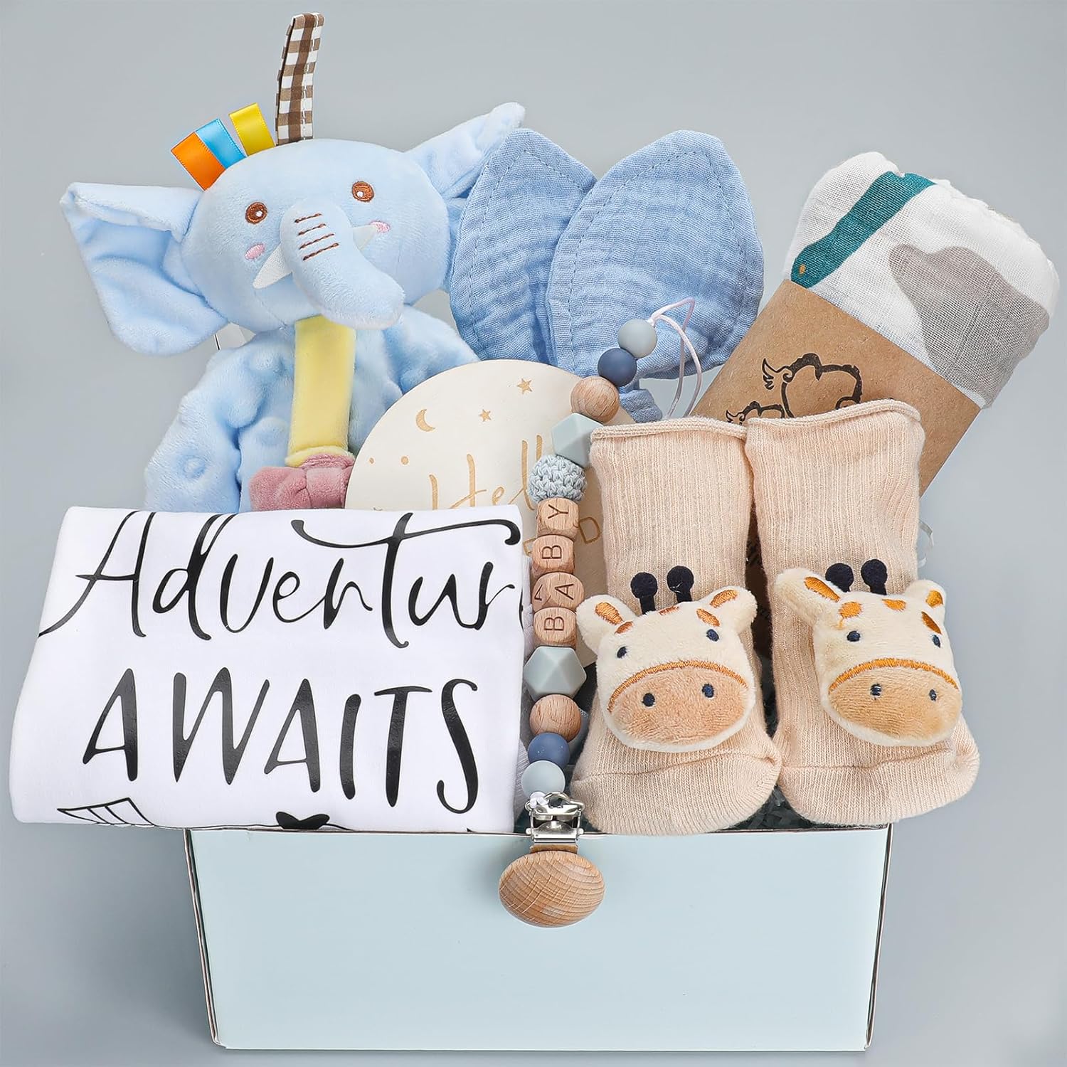 Baby Boy Gift Basket – Newborn for Boy with Swaddle Blanket, Unique Essentials, Gender Reveal Gift Set