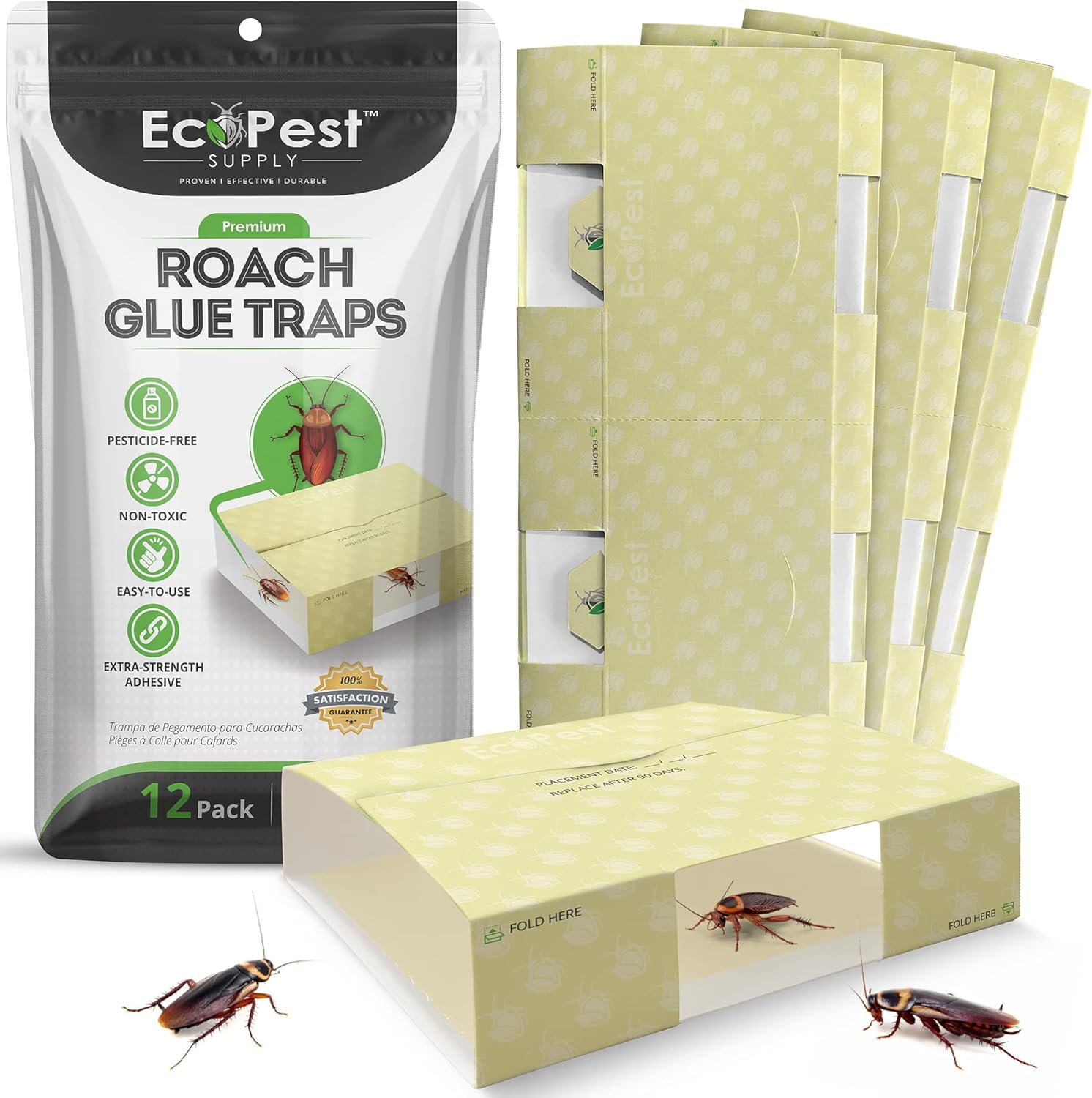 Roach Trap – 12 Pack | Sticky Indoor Glue Traps for Roaches and Other Bugs and Crawling Insects | Adhesive Cockroach Motel, Bait Trap, Monitor, Killer and Detector for Pest Control