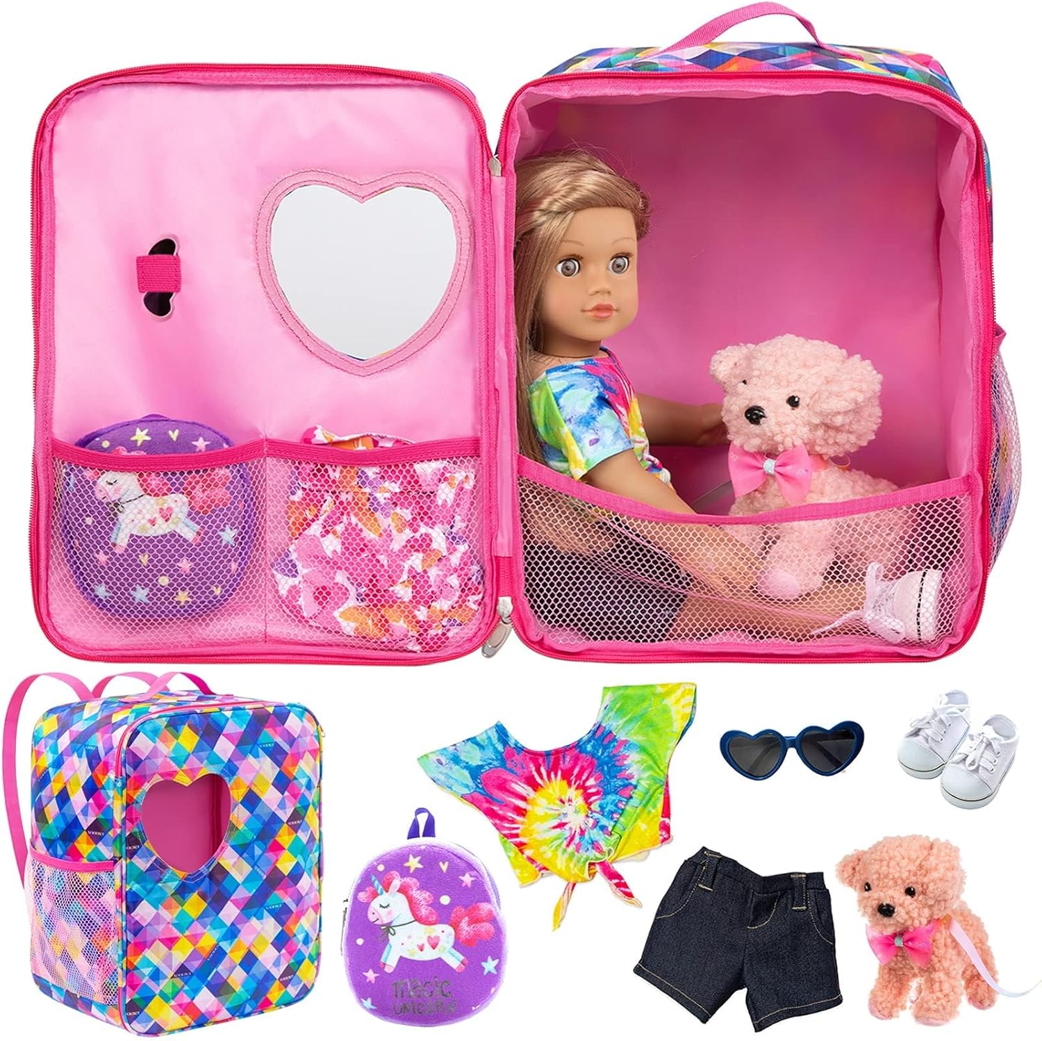 ZITA ELEMENT 5 Items 18 inch Dolls Bag Set and Accessories Including 18 Inch Doll Clothes, Shoes, Sunglasses, Backpack and Toy Dog (Doll Not Included)