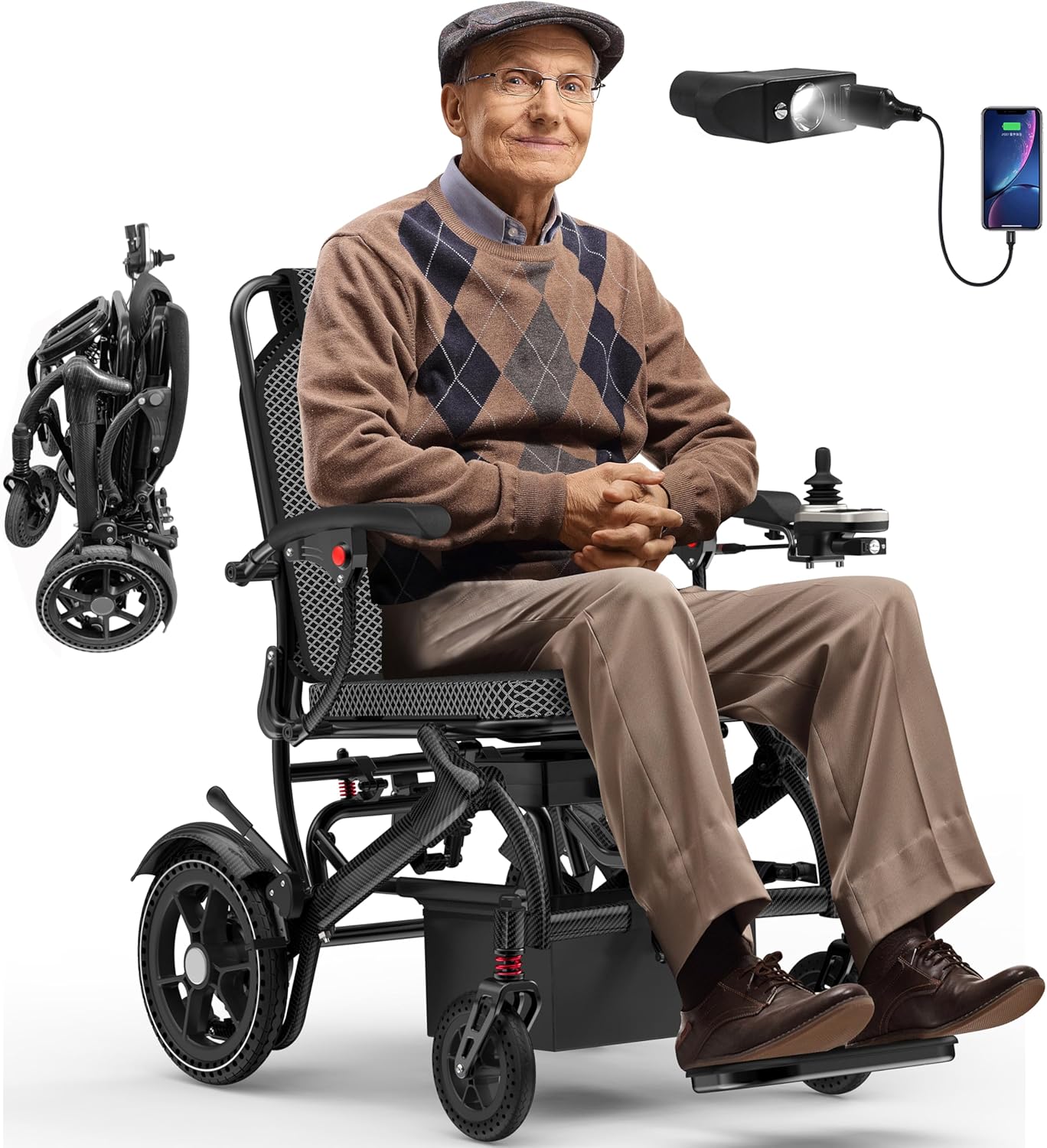 Electric Wheelchairs for Adults, Power Motorized Foldable for Seniors Support 350 LBS, Only 36LBS Weight,15 Miles Range, Airline Approval, 500W Brushless Motors with LED Light (Color Carbon Filber)