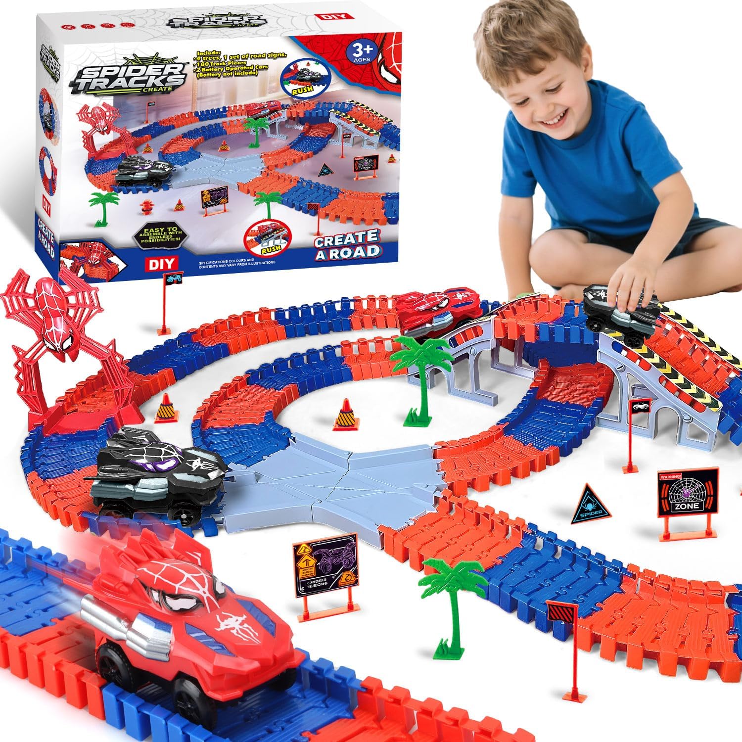 Aooess Toys for 3-8 Year Old Boys: 212 PCS Spider Construction Race Tracks for Kids Gifts for 3 4 5 6 7 8 Year Old Boys Girls Toy Presents Flexible Race Tracks Cars Gift Set with 2 Electric Cars
