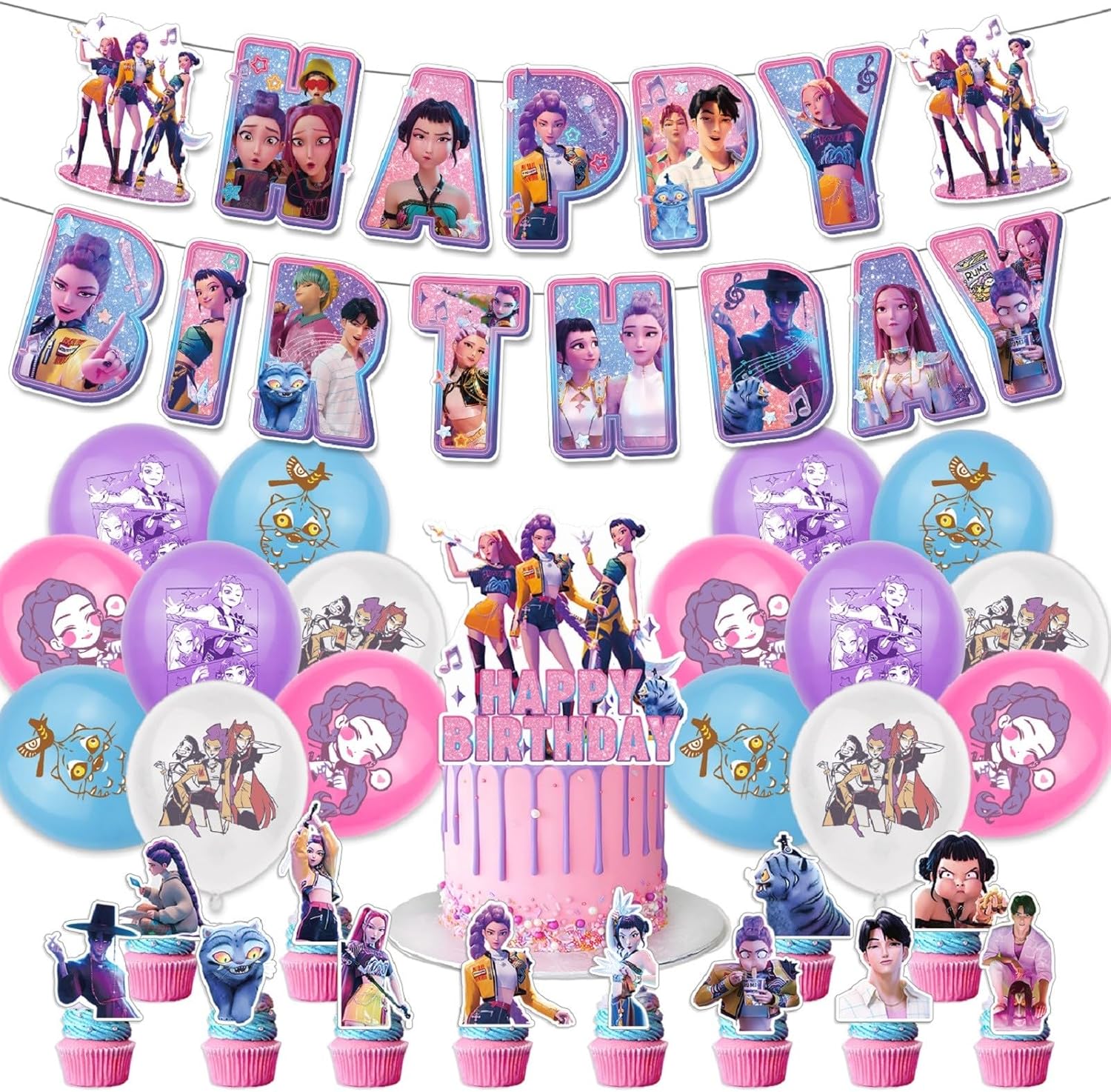 Birthday Party Decorations Anime Huntrix Huntr/X Merch with Balloons, Happy Birthday Banner, Cake Topper for Fans