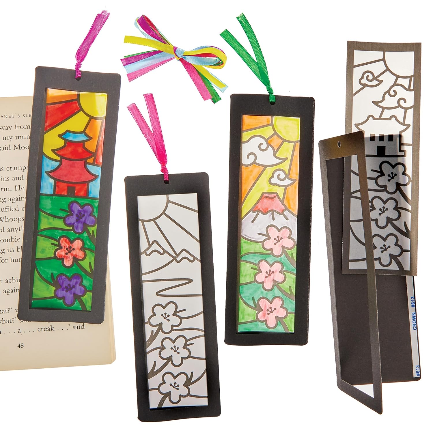 Baker Ross FN031 Japanese Garden Colour-in Bookmark Kits - Pack of 10, World Book Day Kits, Bookmark Making for Kids