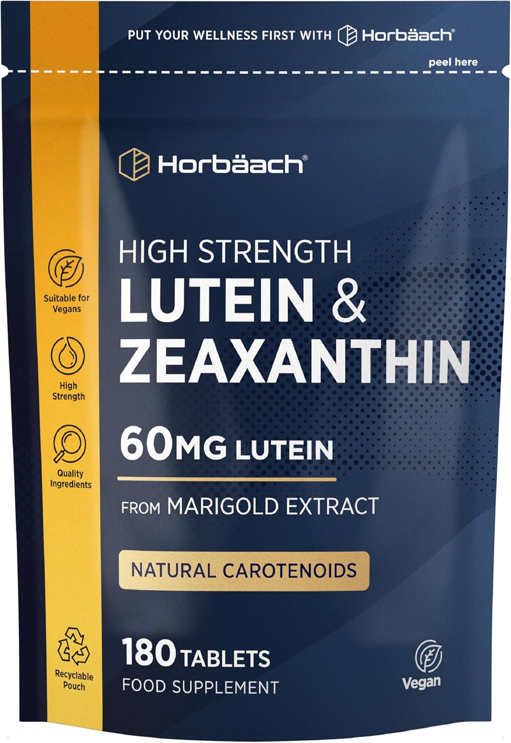 Lutein and Zeaxanthin Supplement | 180 Vegan Tablets | 60mg of Lutein and 3mg of Zeaxanthin | High Strength from Marigold Extract | by Horbaach