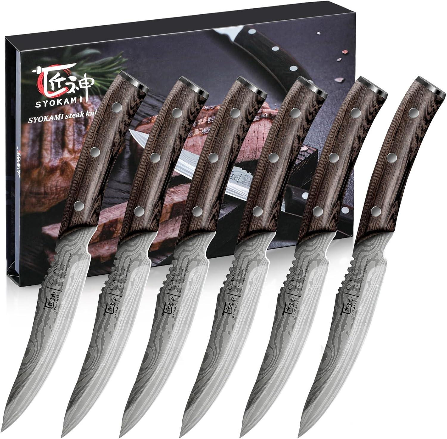 SYOKAMI Steak Knives Set of 6, 4.8 Inch High-Carbon Japanese Stainless Steel Non-Serrated Steak Knife with Wood Handle, Damascus Pattern Full Tang Design, Razor-Sharp Dinner Knives with Gift Box