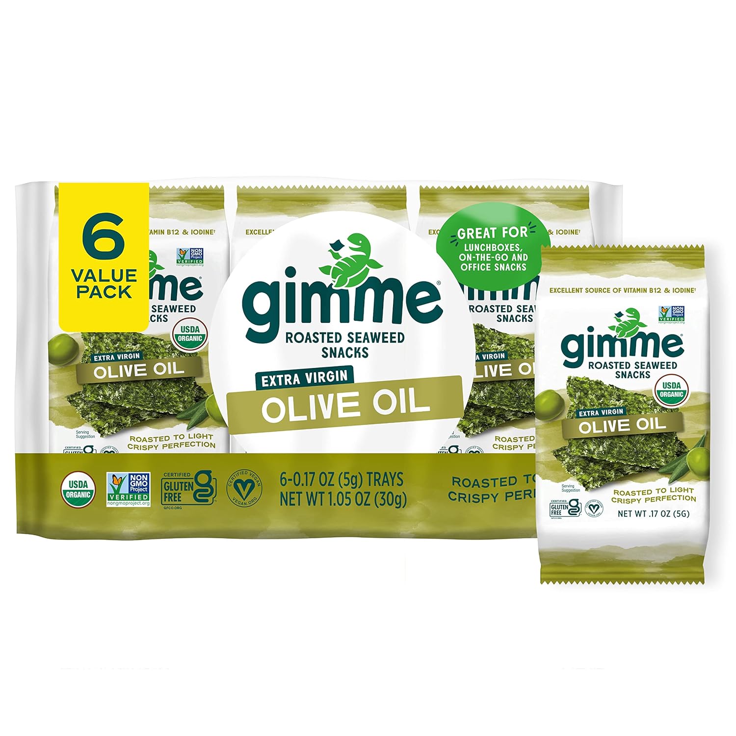 Gimme Seaweed - Extra Virgin Olive Oil - 6 Count - Organic Roasted Seaweed Sheets - Keto, Vegan, Gluten Free - Great Source of Iodine & Omega 3’s - Healthy On-The-Go Snack for Kids Adults