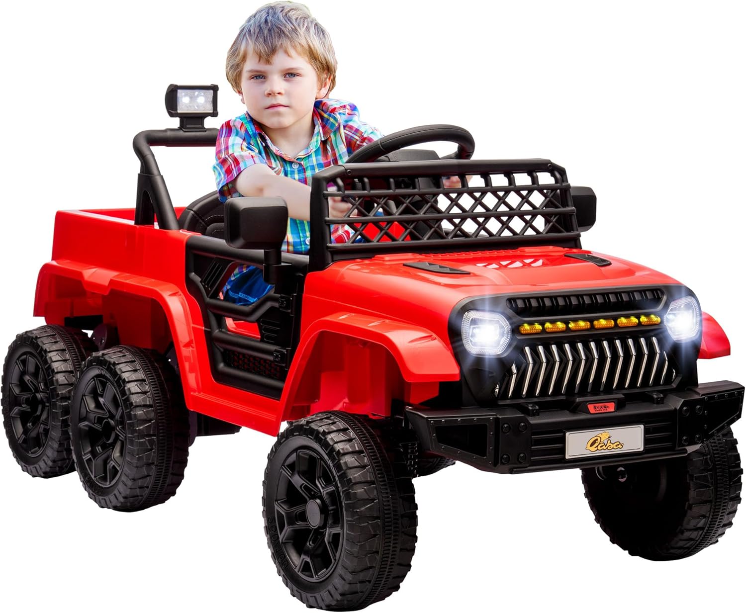 Qaba 12V 4x4 Kids Ride on Truck with Back Trailer, 2WD/4WD Switchable Kids Electric Car with Parent Remote Control, Spring Suspension System, Soft Start, Music, LED Light, Horn, Red