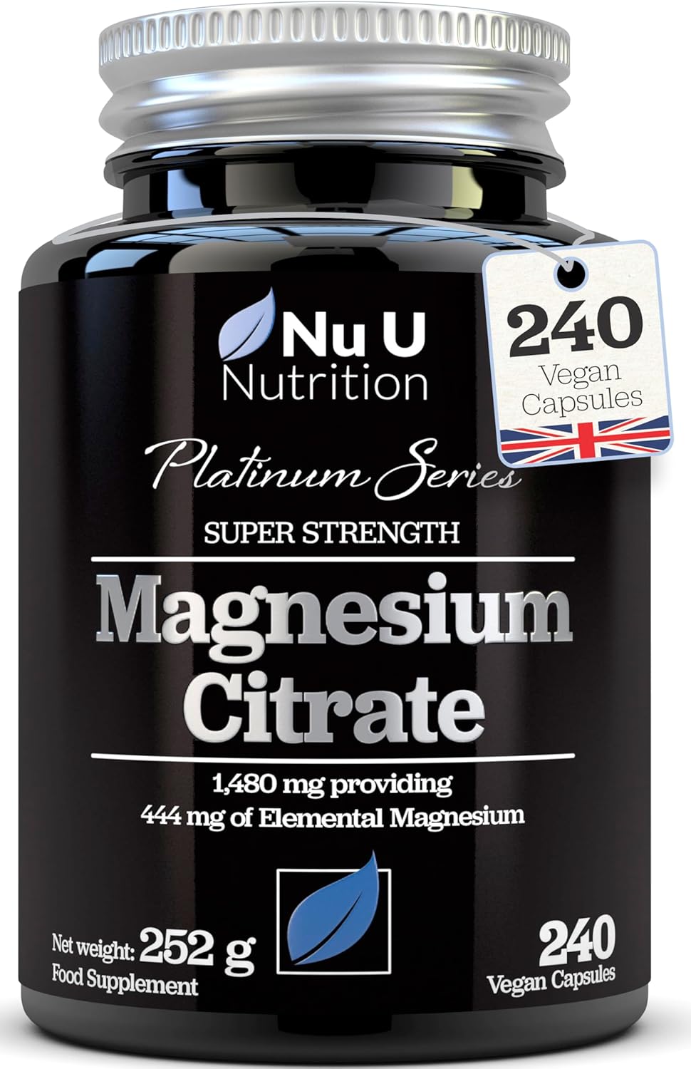 Magnesium Citrate 1480mg - 240 Vegan Capsules - 4 Month Supply - Providing 444mg Elemental Mag - Capsules not Tablets - High Strength Supplement - Made in The UK - Nu U Nutrition