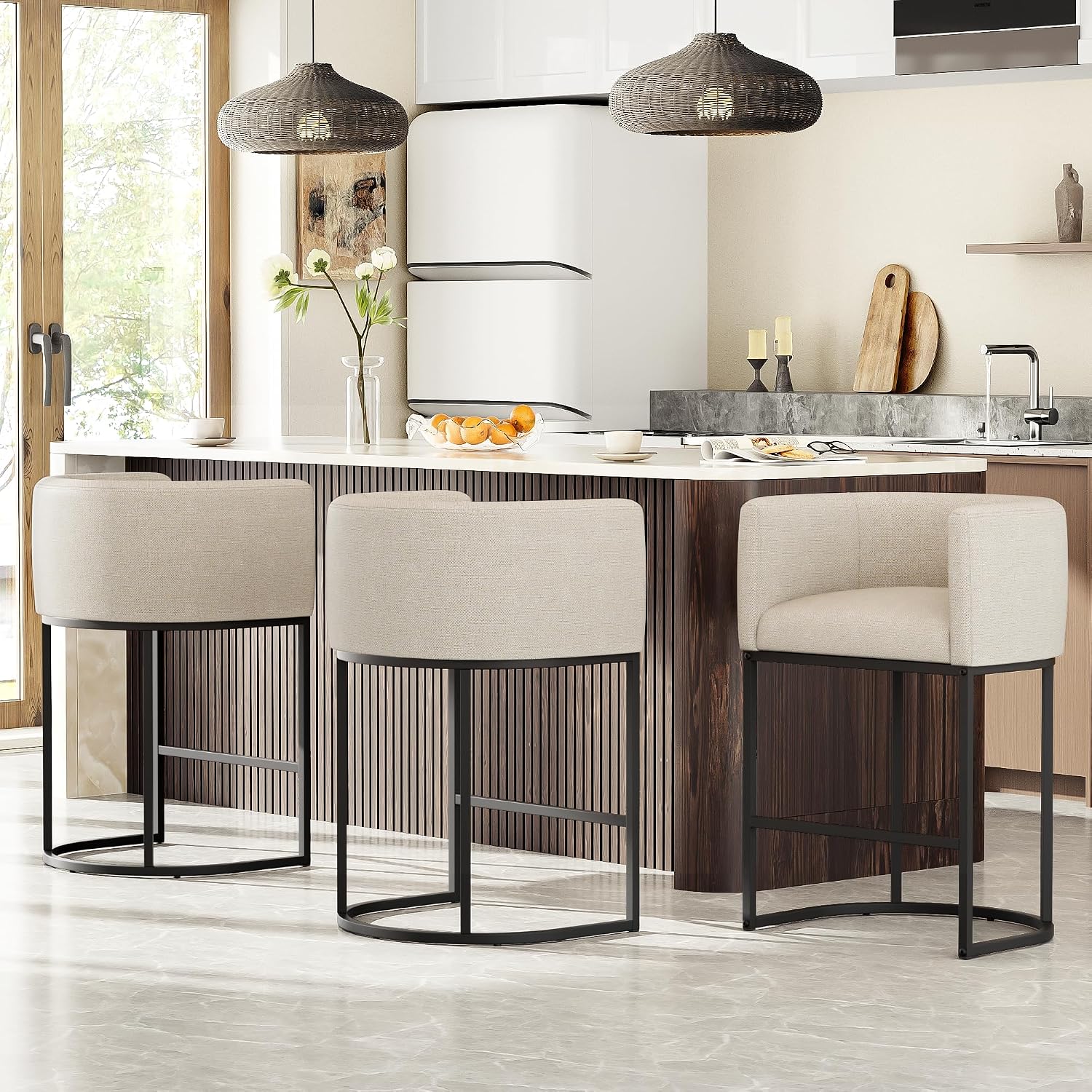 26" H Counter Height Bar Stools Set of 3, Modern Barrel Counter Stools with Backrest and Arms, Linen Fabric Upholstered Accent Barstools for Kitchen Island,Support 450 LBS (Beige)