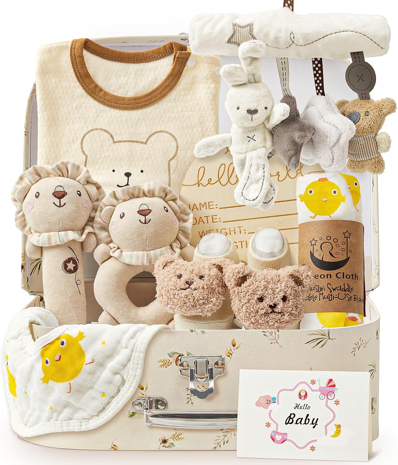 vamei Newborn Baby Gifts Baby Hamper Set with Baby Box Blanket Baby Onesie Socks Rattle Muslin Cloths Bibs Wooden Milestone Cards New Born Baby Essentials Baby Shower Gifts Boys Girls Unisex
