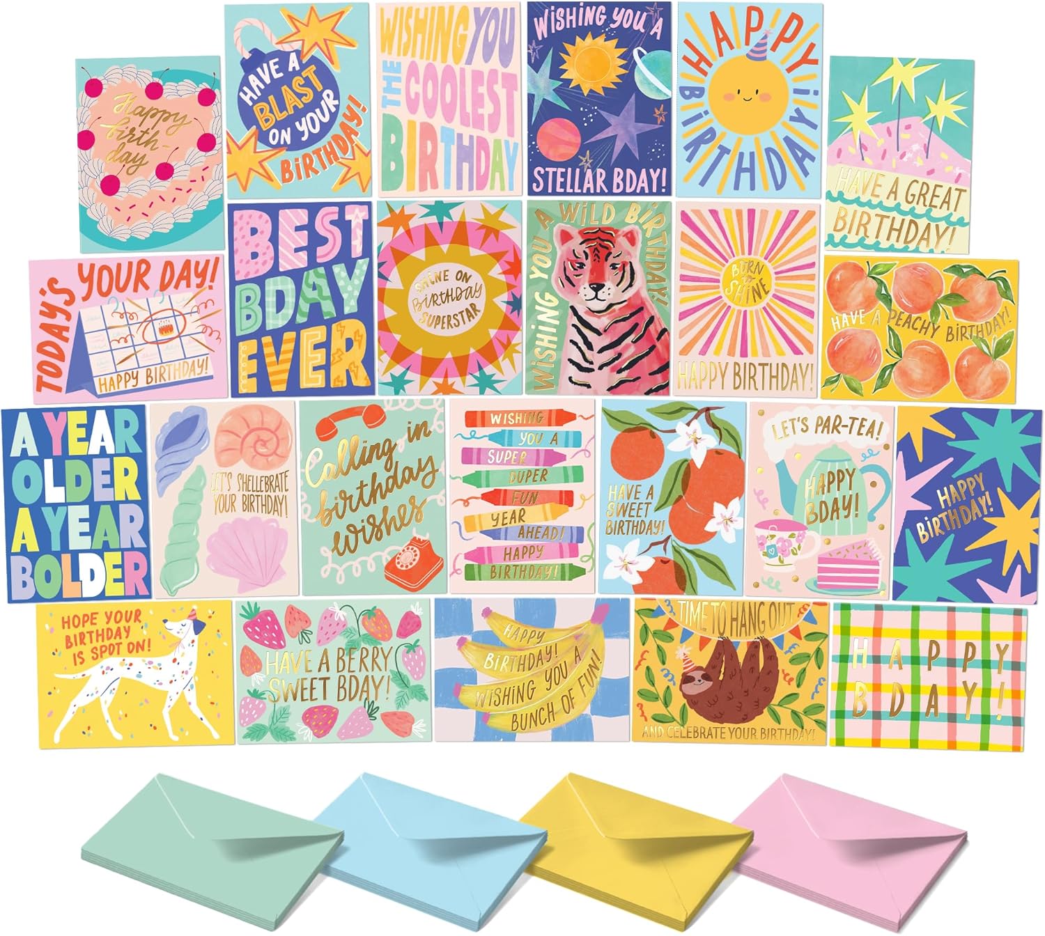 SWEETZER & ORANGE Happy Birthday Cards with Envelopes & Assortment Box. Variety Set of 24 Assorted Birthday Cards with Envelopes, Perfect Bulk Pack for Celebrations, Special Occasions, Friends-4x5.5"