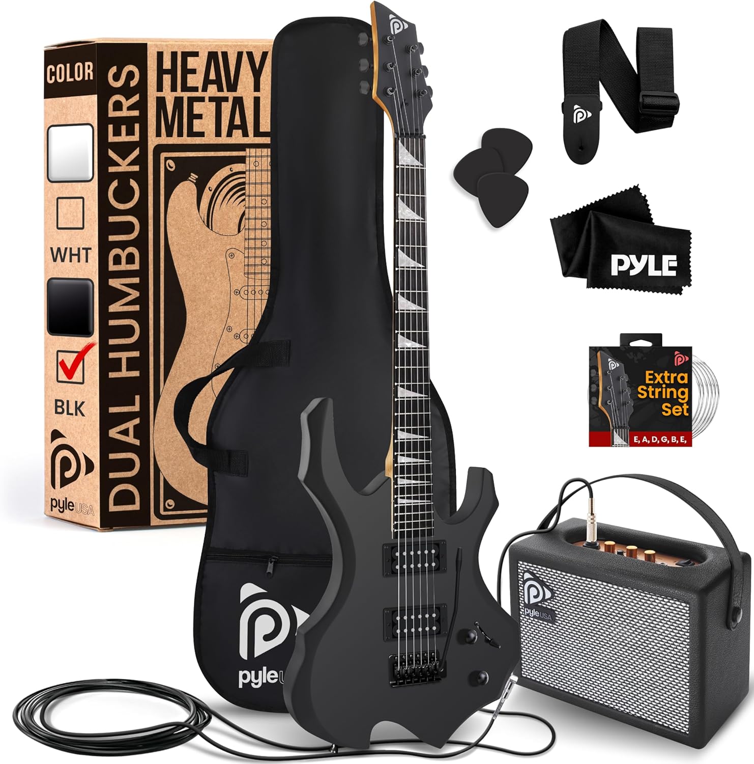Pyle - Electric Guitar Set, Full Size Electric Guitars for Adults, Kids & Beginners w/Amplifier Kit, Complete Guitar w/Practice Amp Starter Pack & Accessories, Black Matte