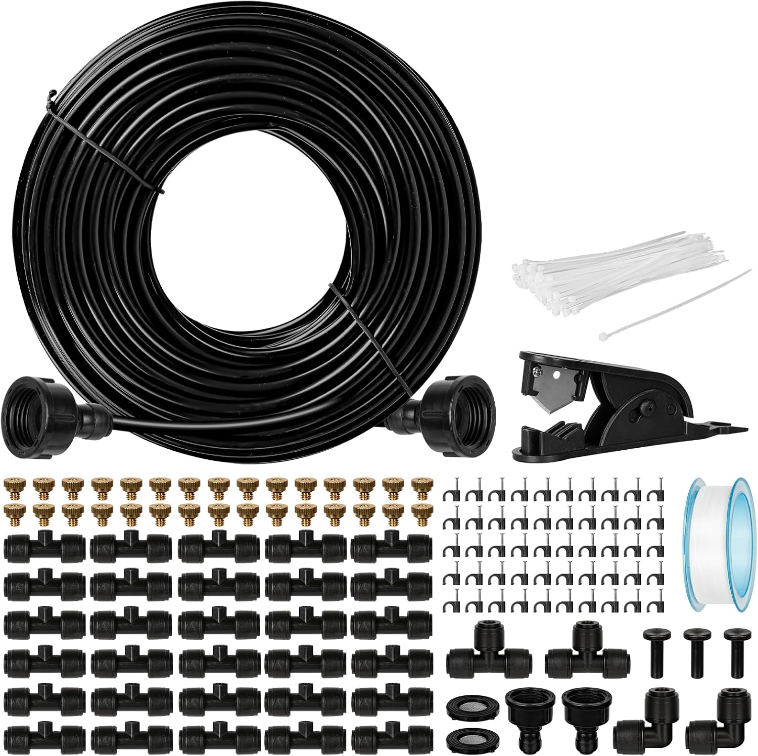 OnBrand 100FT Misters for Outside Patio with 3/4" Adapter and 2 T-Joints | Misting System, Patio Water Misters for Cooling Outdoor, with 30 Brass Nozzles and Filter, for Greenhouse Trampoline Coop BBQ