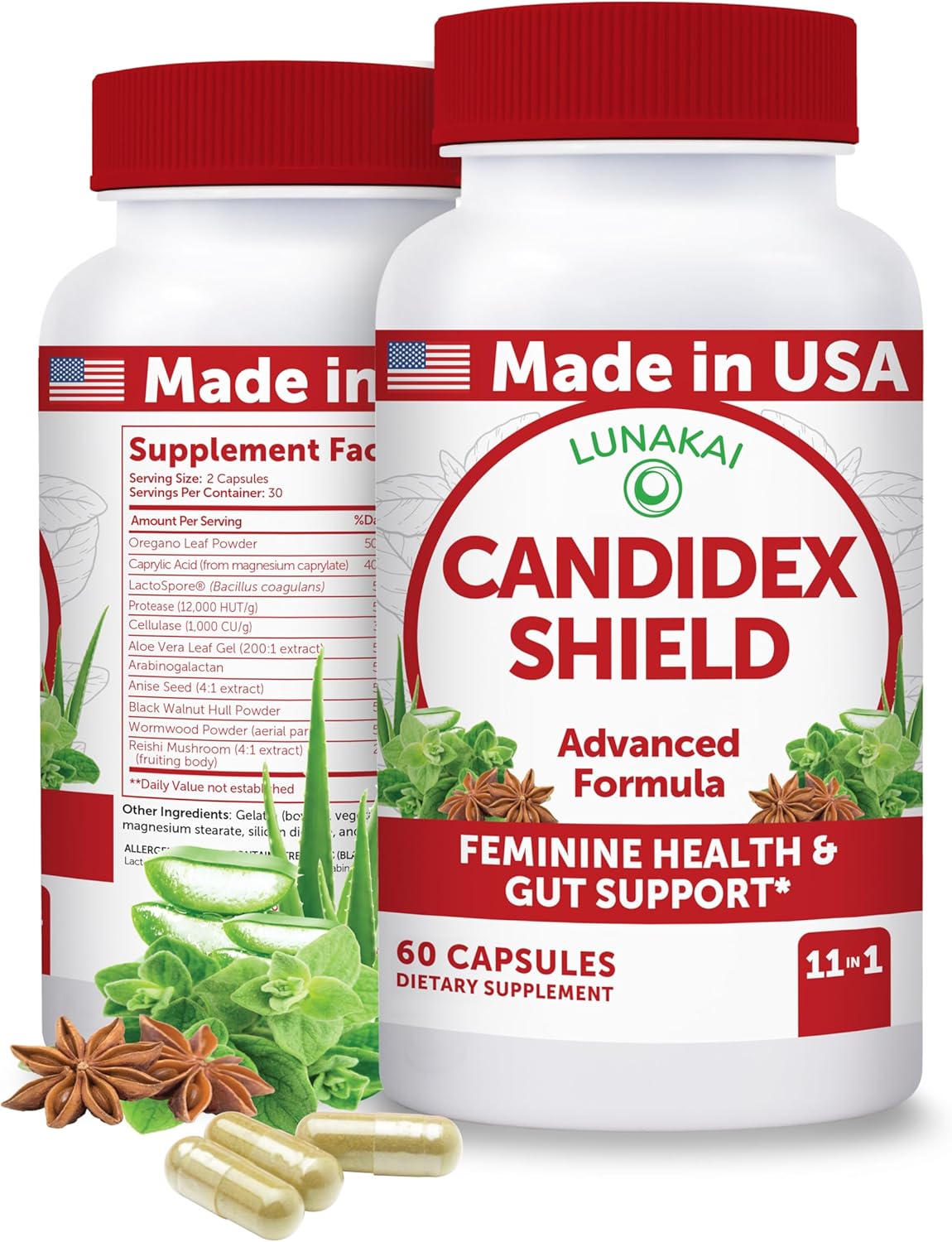 Lunakai USA Made Candida Cleanse Detox for Women & Men – 11-in-1 Gut Cleanse & Candida Support with Caprylic Acid & Enzymes, 60ct