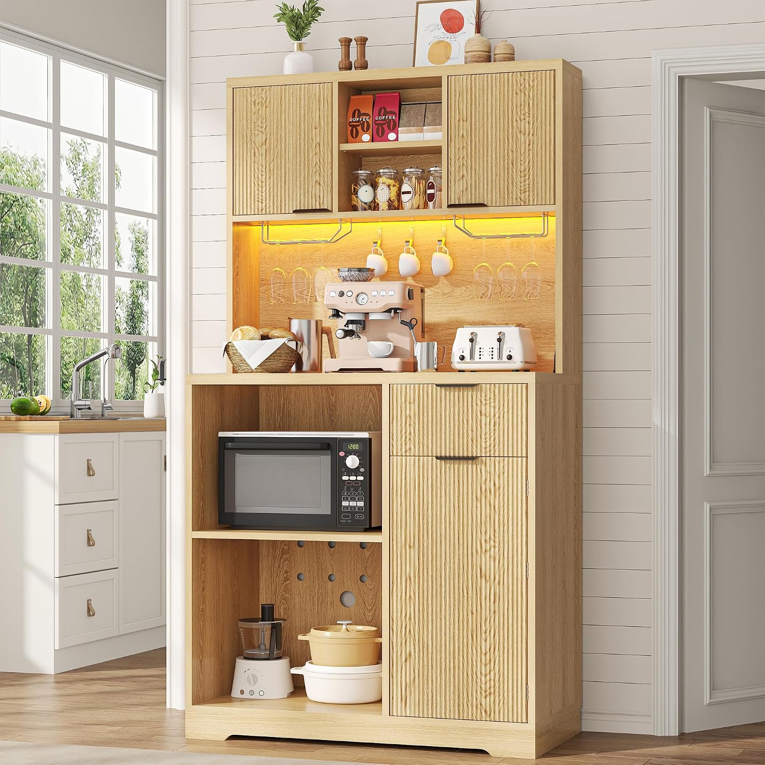 kepptory 72" Tall Bar Cabinet with Mini Fridge Space, Fluted Coffee Liquor Hutch Cabinet with Storage, Tall Home Bar with LED Light & Power Outlet for Kitchen Dining Room or Living, Natural