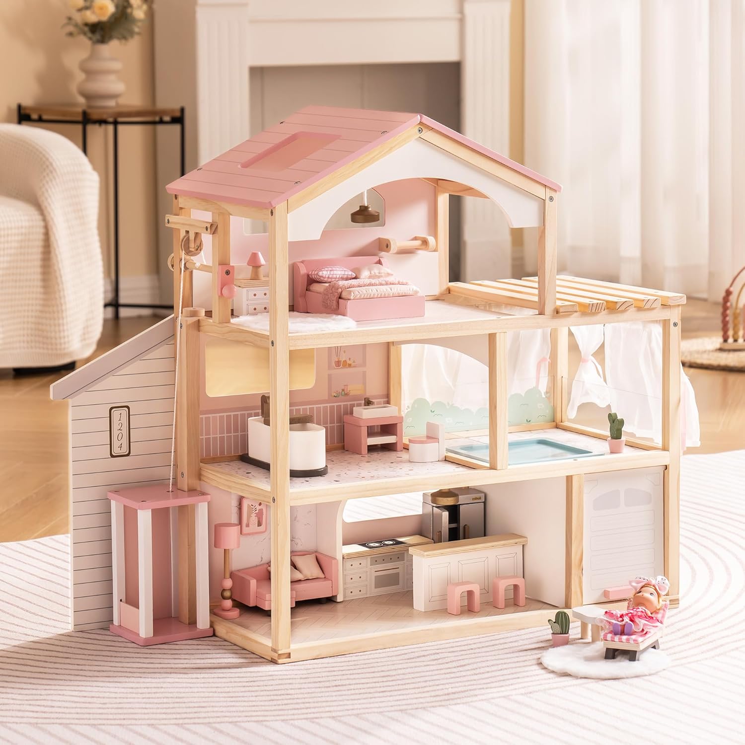 ROBUD Doll House, Wooden Dollhouse with 6 Rooms, 29-pcs Furniture Set, Working Elevator, Garage, Swimming Pool, Ideal Gift for Kids Ages 3+ (Pink)