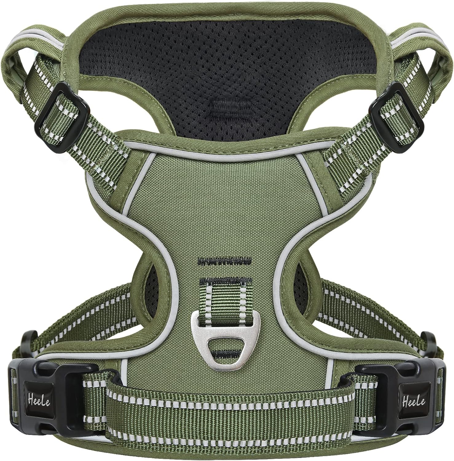 HEELE Dog Harness, Reflective Dog Harness, with Padded Handle Control, 2 Metal Rings, Harness for Small Medium and Large Dogs, Army Green, M