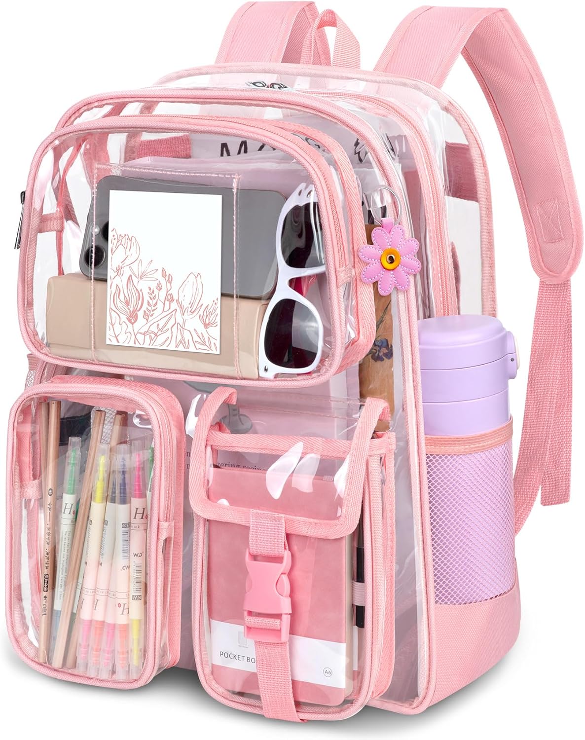 Clear Backpack, Heavy Duty PVC Clear Bag for Stadium Events, Transparent Backpack with Reinforced Straps & Stitches for Girls Boys, Large Capacity Bookbag for School, Travel, College, Work(Pink)