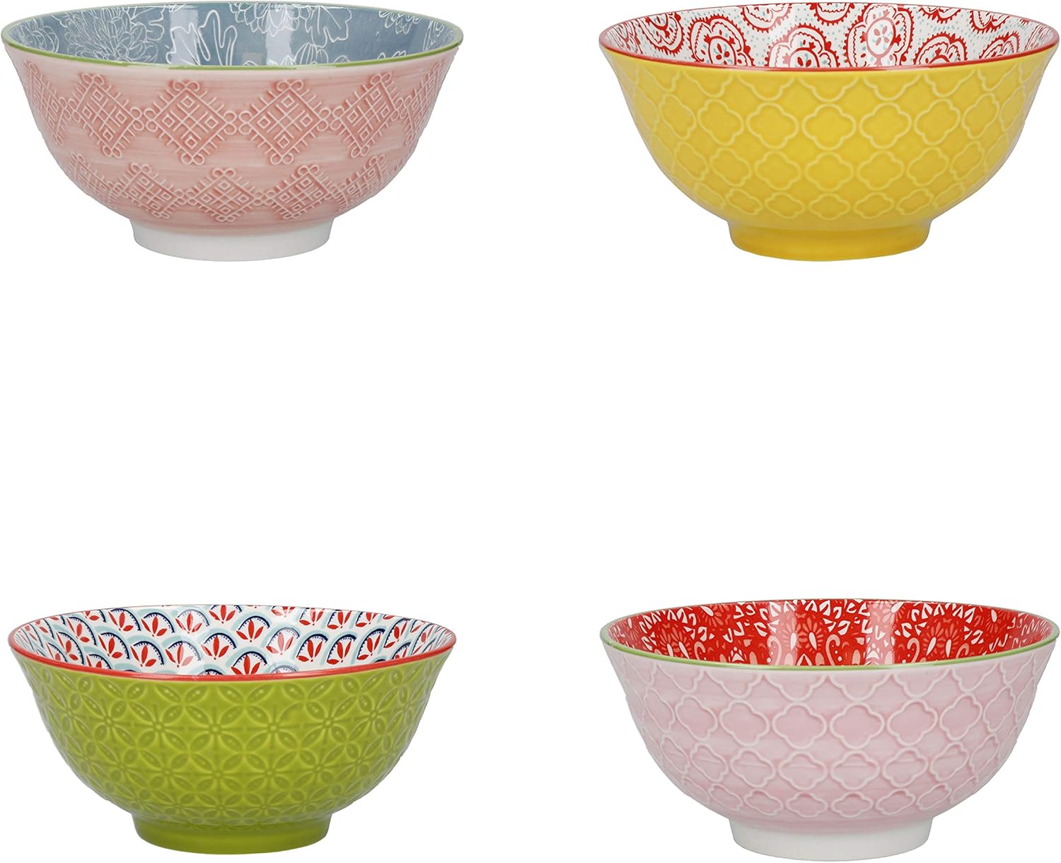KitchenCraft Patterned Cereal Bowl Set of 4 in Gift Box, Ceramic Serving Bowls Ideal for Ice Cream, Soup and More, 'Brights' Designs, 15cm