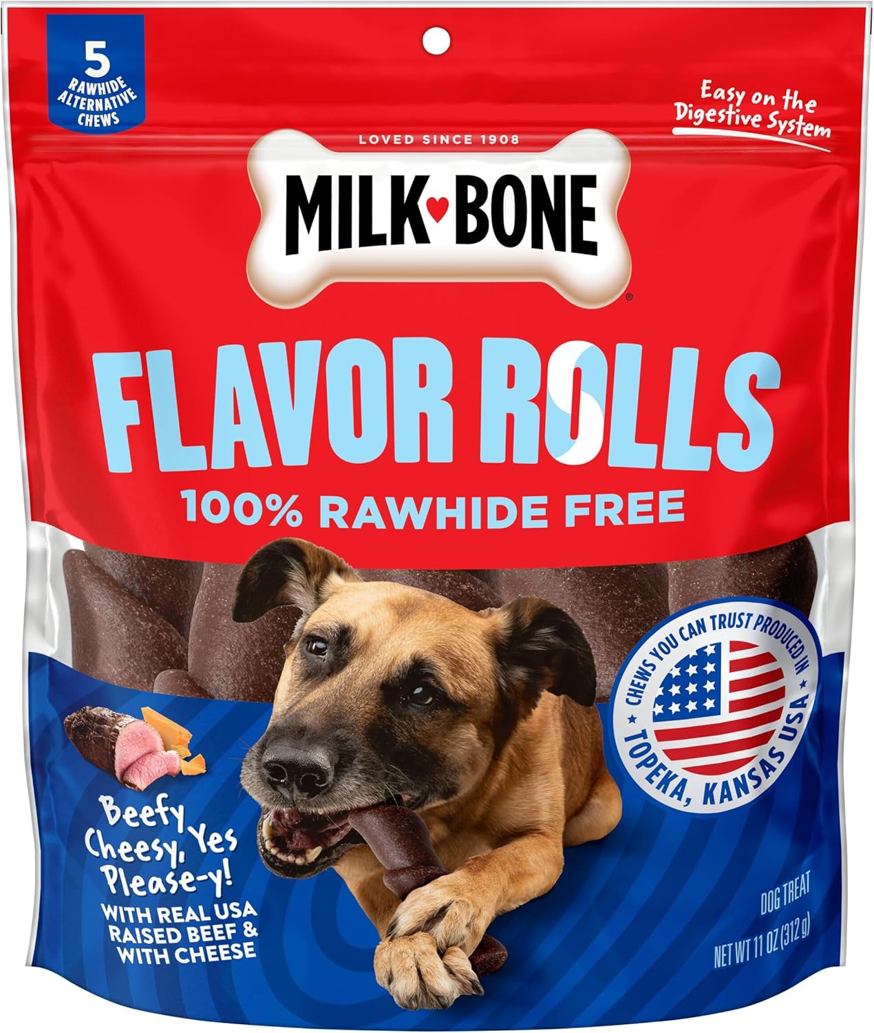 Milk-Bone Flavor Rolls Beefy Cheesy, Yes Please-y! Rawhide Free Dog Treat with Beef, 5-Count Bag