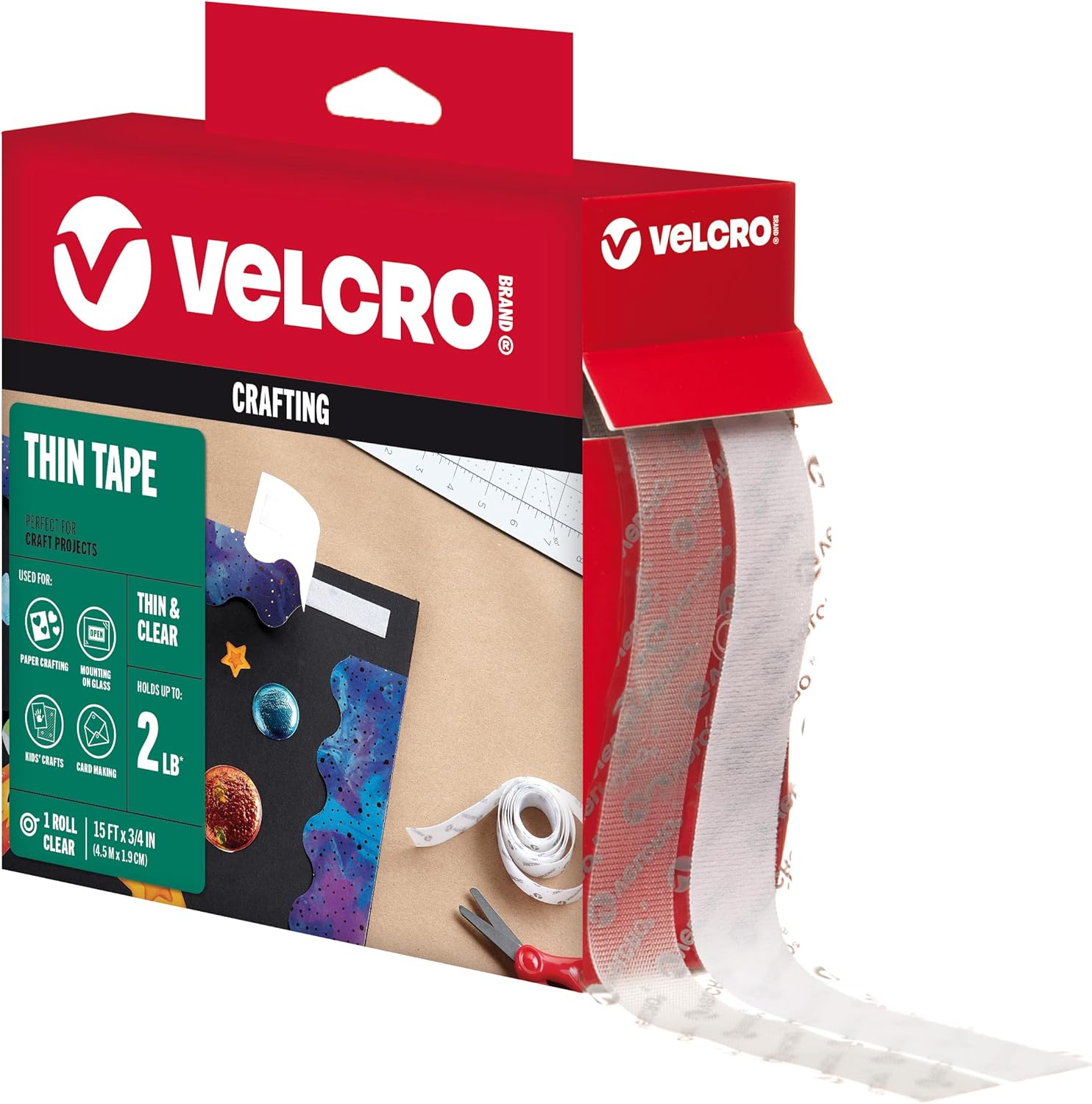 Velcro Brand Thin Clear Tape 5 Yards x 3/4 Inch Cut Strips to Length Fixing Solution for Home, Office or Craft Large Roll 91325, Nylon, 15ft x 3/4in