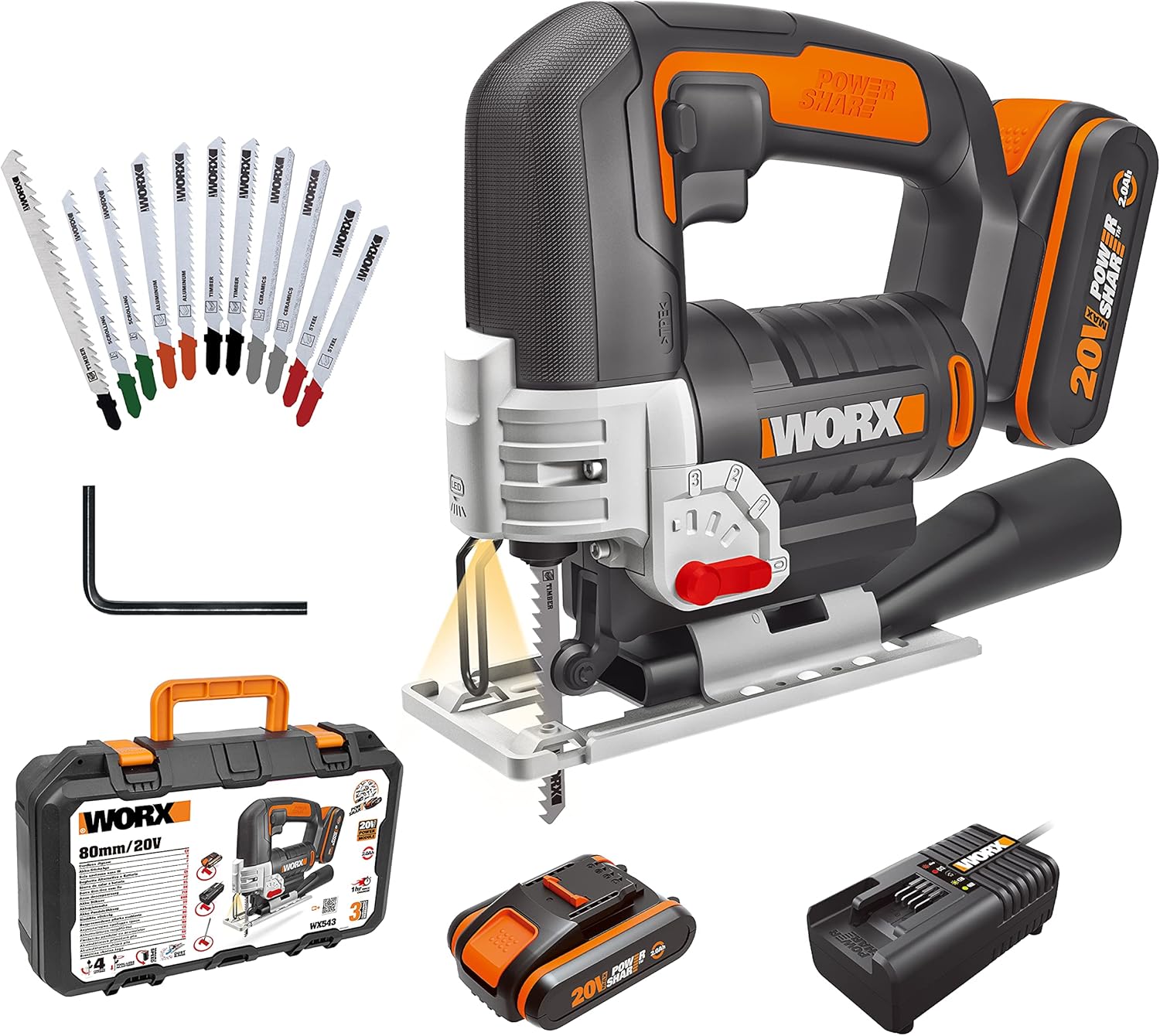 WORX 18V(20V MAX) Cordless Jigsaw WX543.2 Jig Saw 24mm, 4 Position Pendulum, Tool-free Quick Blade Change, LED Light, ±45 ° Bevel Capacity, Speed Control, PowerShare, 1* 2.0Ah Battery, 1* 2A Charger
