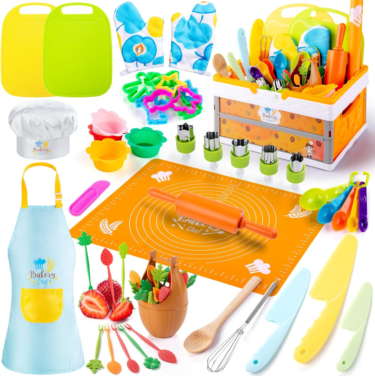 52 PCS Kids Cooking Sets, Montessori Pretend Play Kitchen Toys for Real Cooking Baking, Toddler Knife Set with Chef Hat & Apron, Kids Baking Set for Boys Girls Christmas Birthday Gift