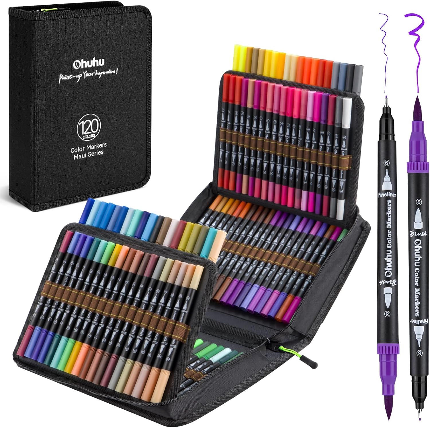Ohuhu Colouring Pens: 120 Colours Dual Tips Brush Pens Water-Based Art Markers Set for Kids Adults Colouring Book Drawing Sketching, Non-Bleeding - Maui - Black Carrying Bag